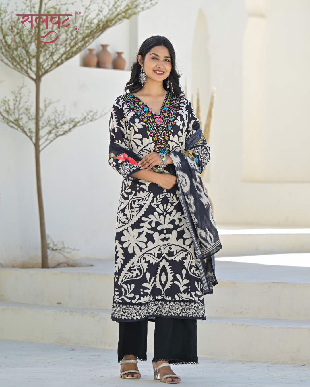Black & White With Multicolour Embroidered Handwork Kurta Set With Printed Dupatta