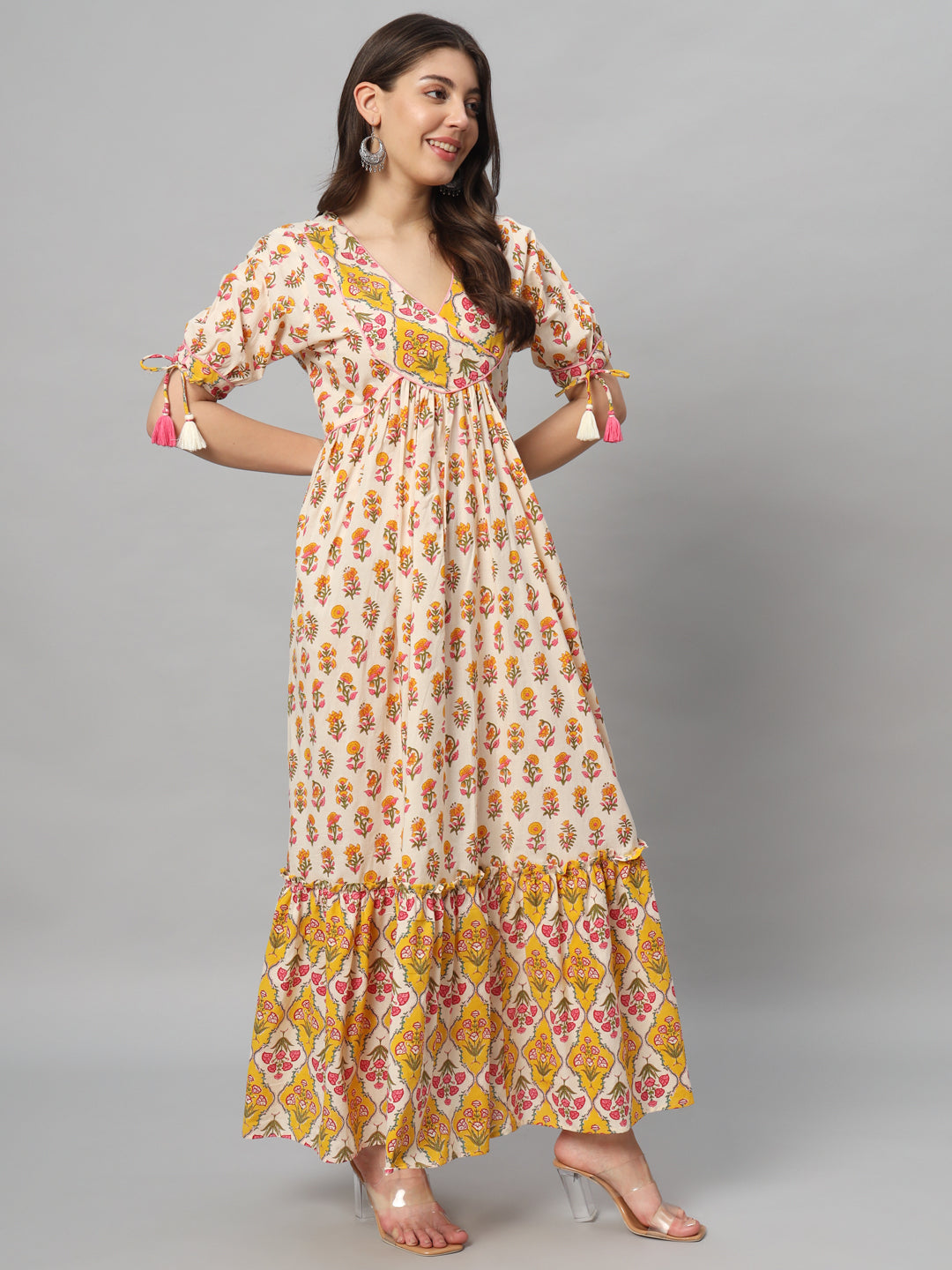 Yellow and Cream Printed Maxi Dress with Tassel Sleeves