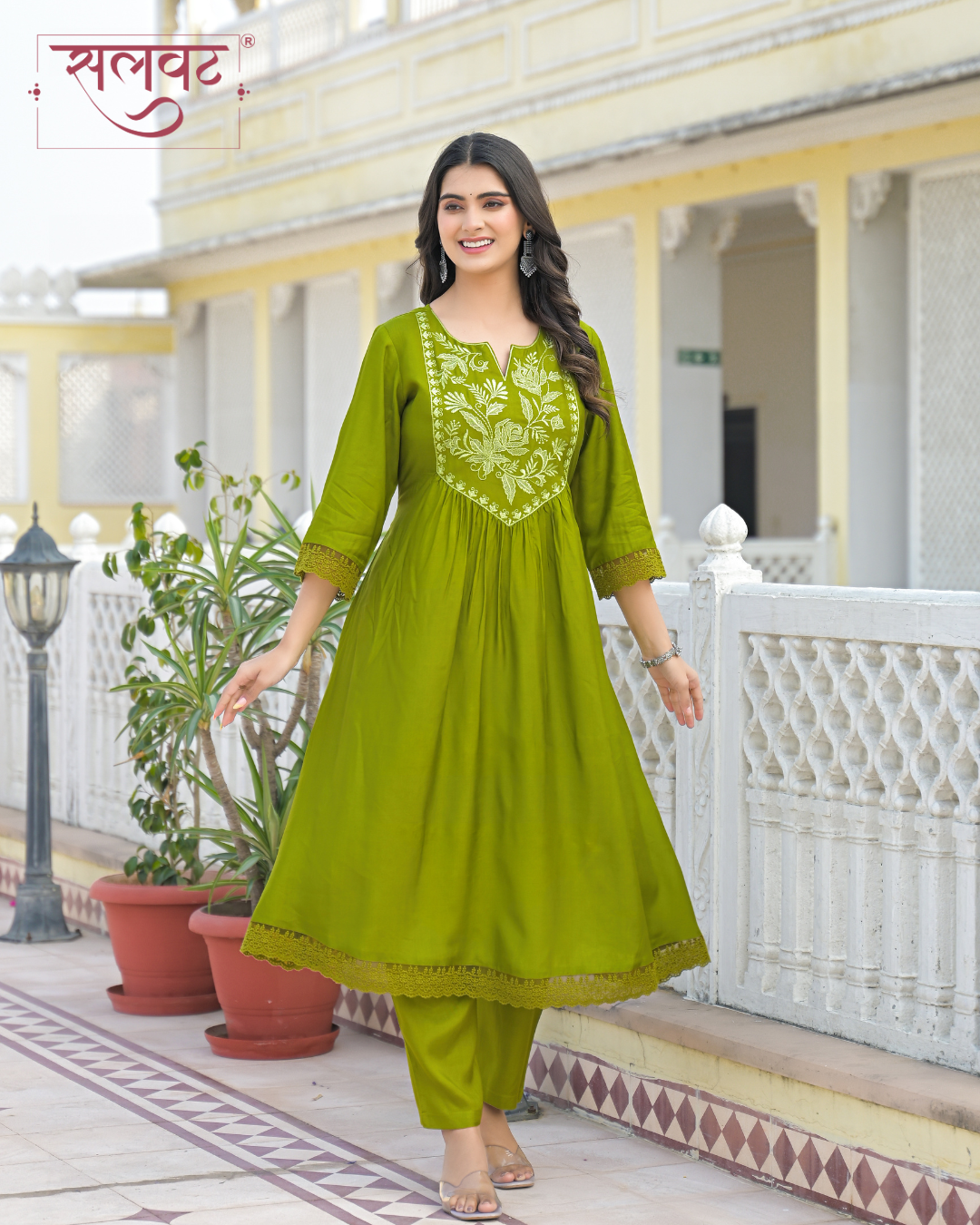 Henna Green Muslin Thread & Zari Embroidered Kurta Set With Printed Dupatta