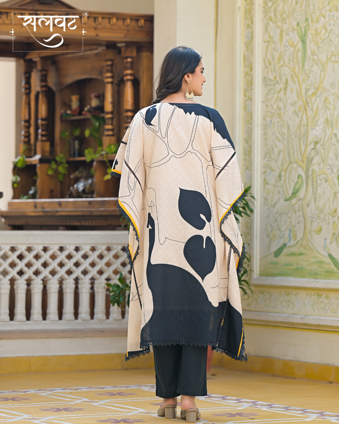 Light Beige Abstract Printed Handwork Kaftan Set