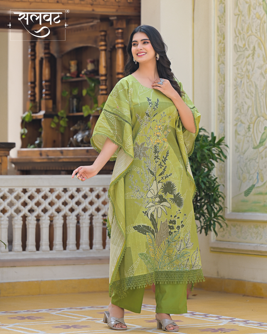 Green Printed Sequins Embellished Kaftan Set