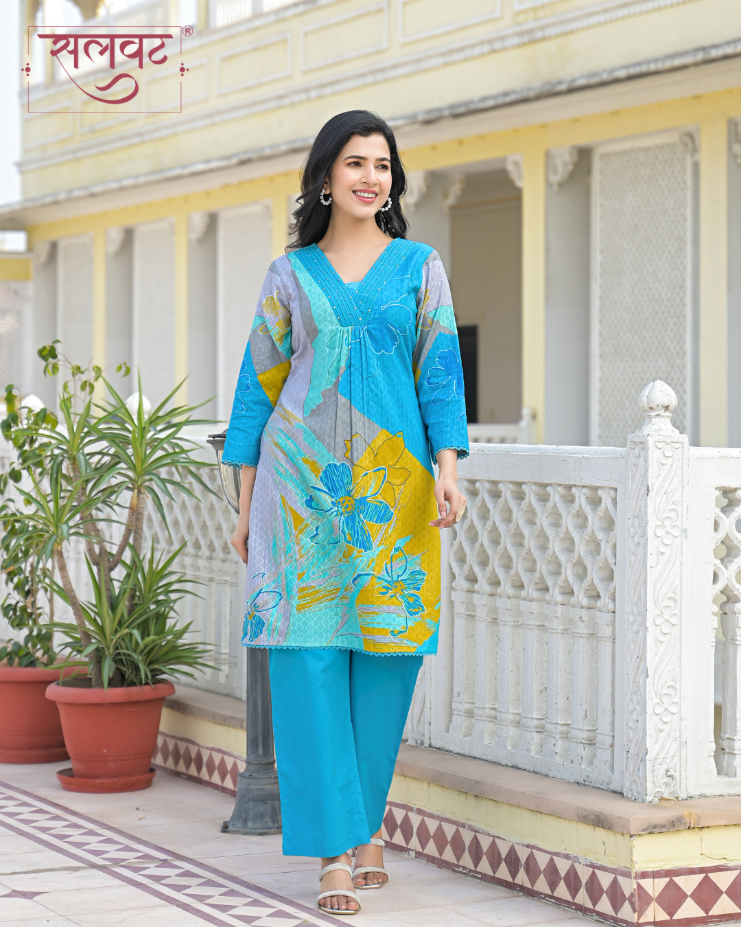 Bright Blue Abstract Printed Handwork Kurta Set