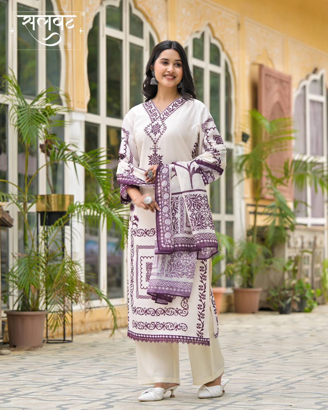 Cream & Wine Heavy Handwork Kurta Set With Printed Dupatta
