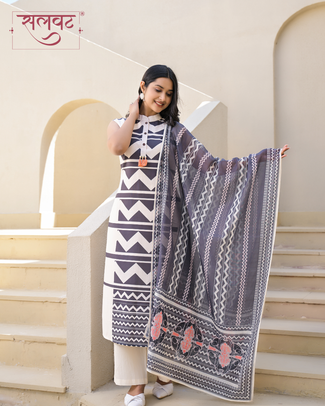 Light Cream & Black Printed Kurta Set With Hand Knot Work & Printed Dupatta