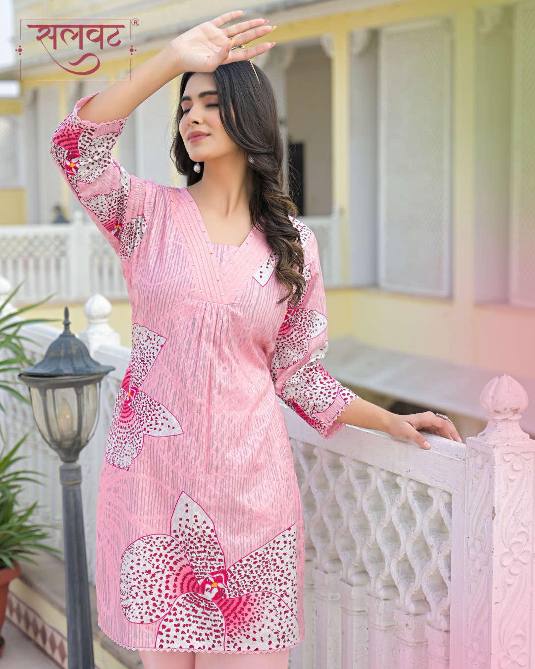 Pale Pink & White Pure Cotton Abstract Printed Handwork Kurta Set