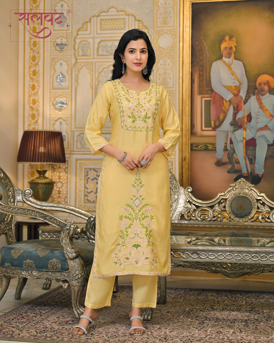 Bright Citrus Yellow Muslin Thread Embroidered Kurta Set With Printed Dupatta
