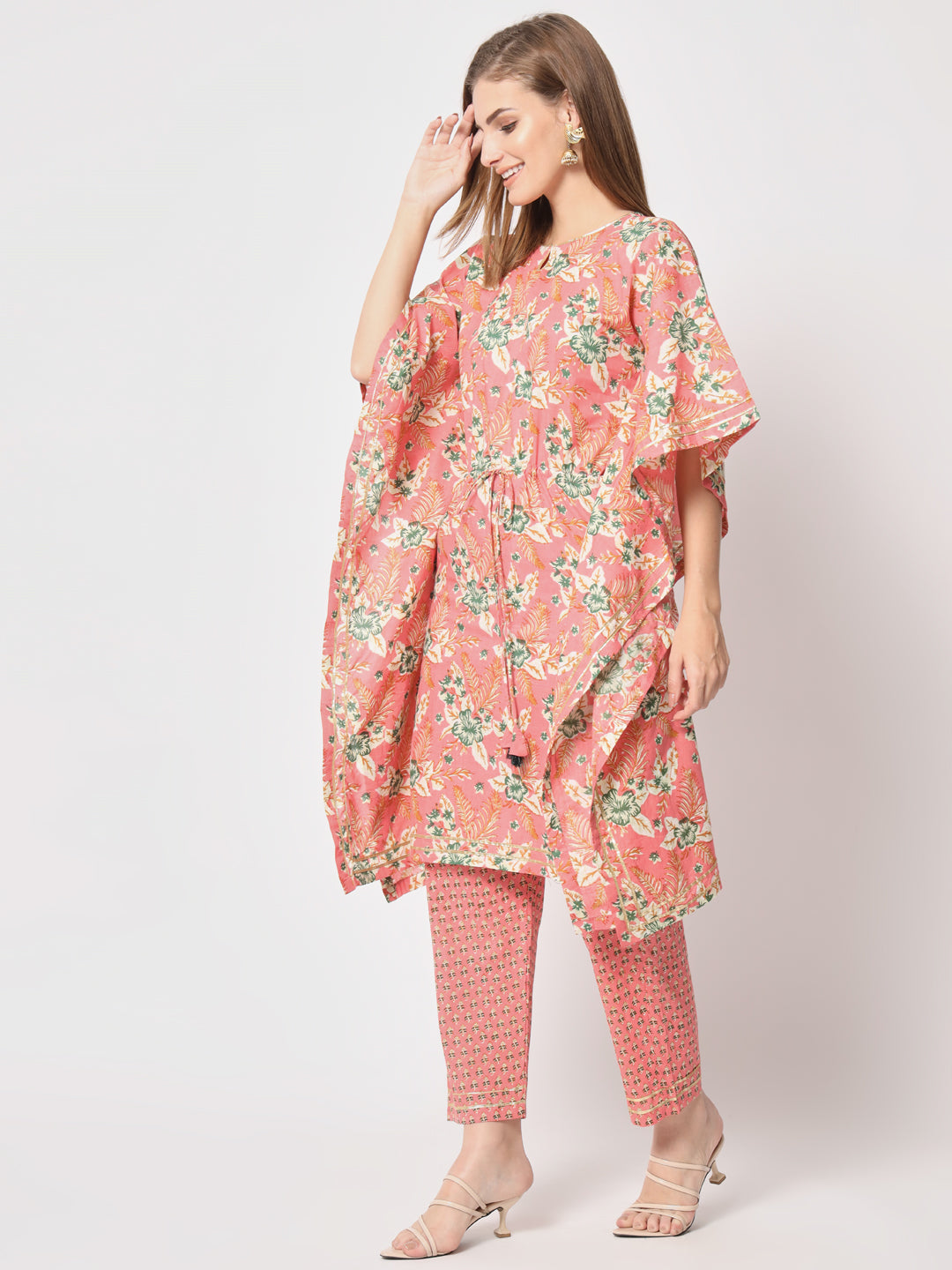 Peach printed pure cotton kaftan set.