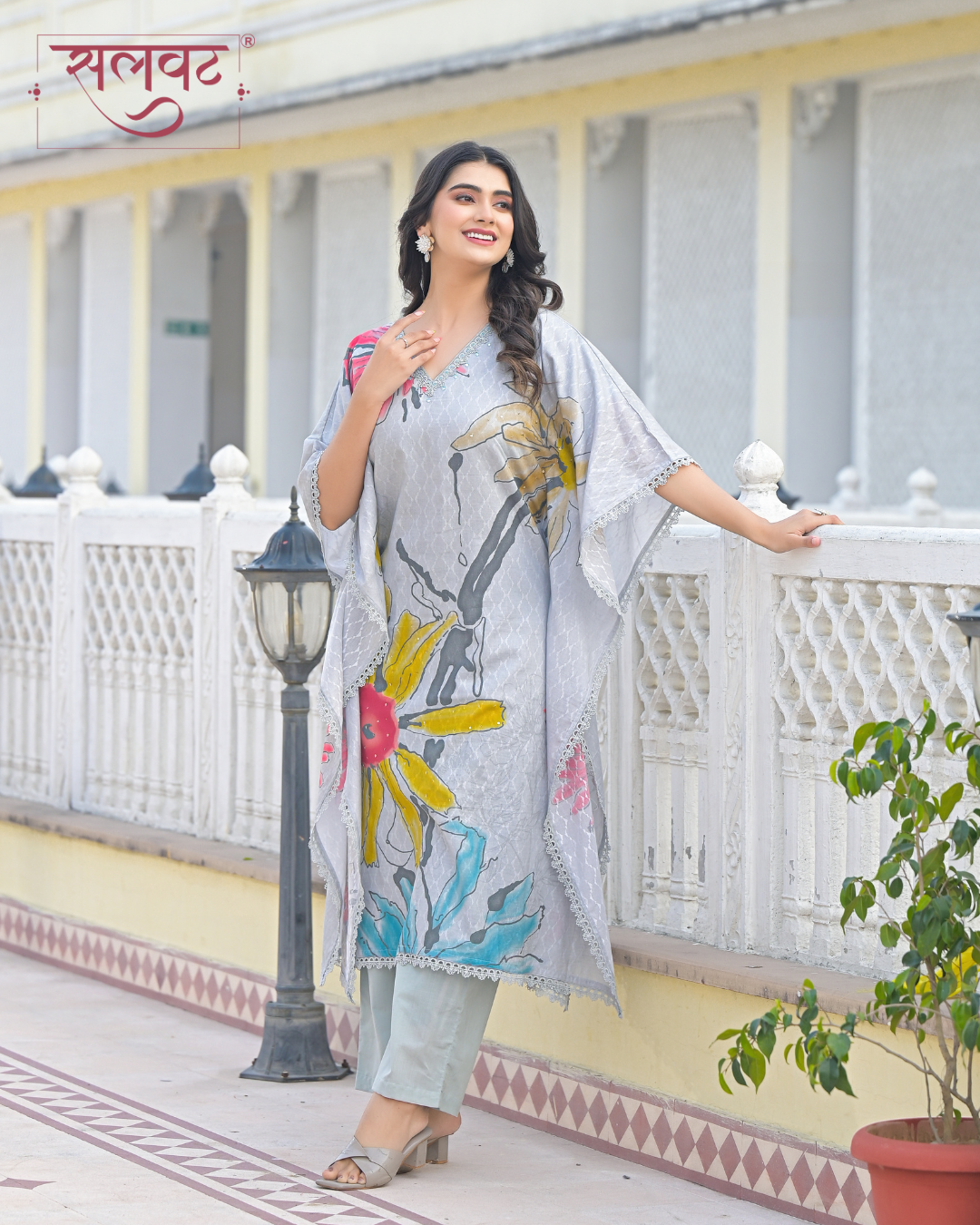 Slate Grey Abstract Printed Handwork Kaftan Set