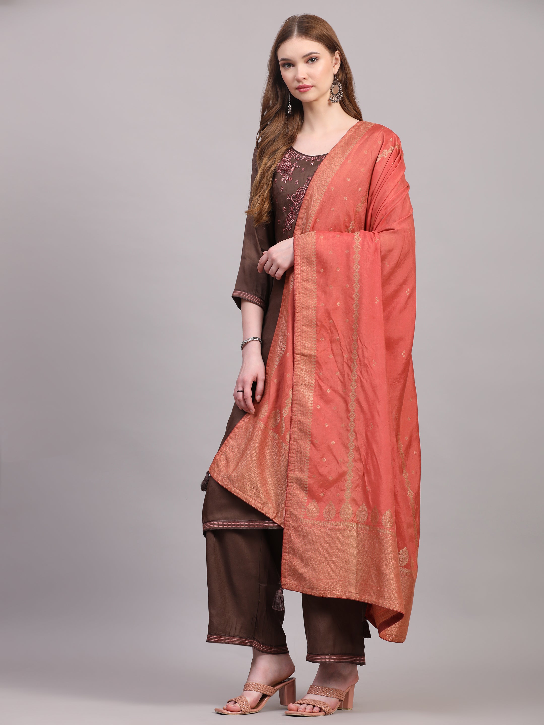 Brown Zari Embroidered Suit Set with Dola Silk Dupatta