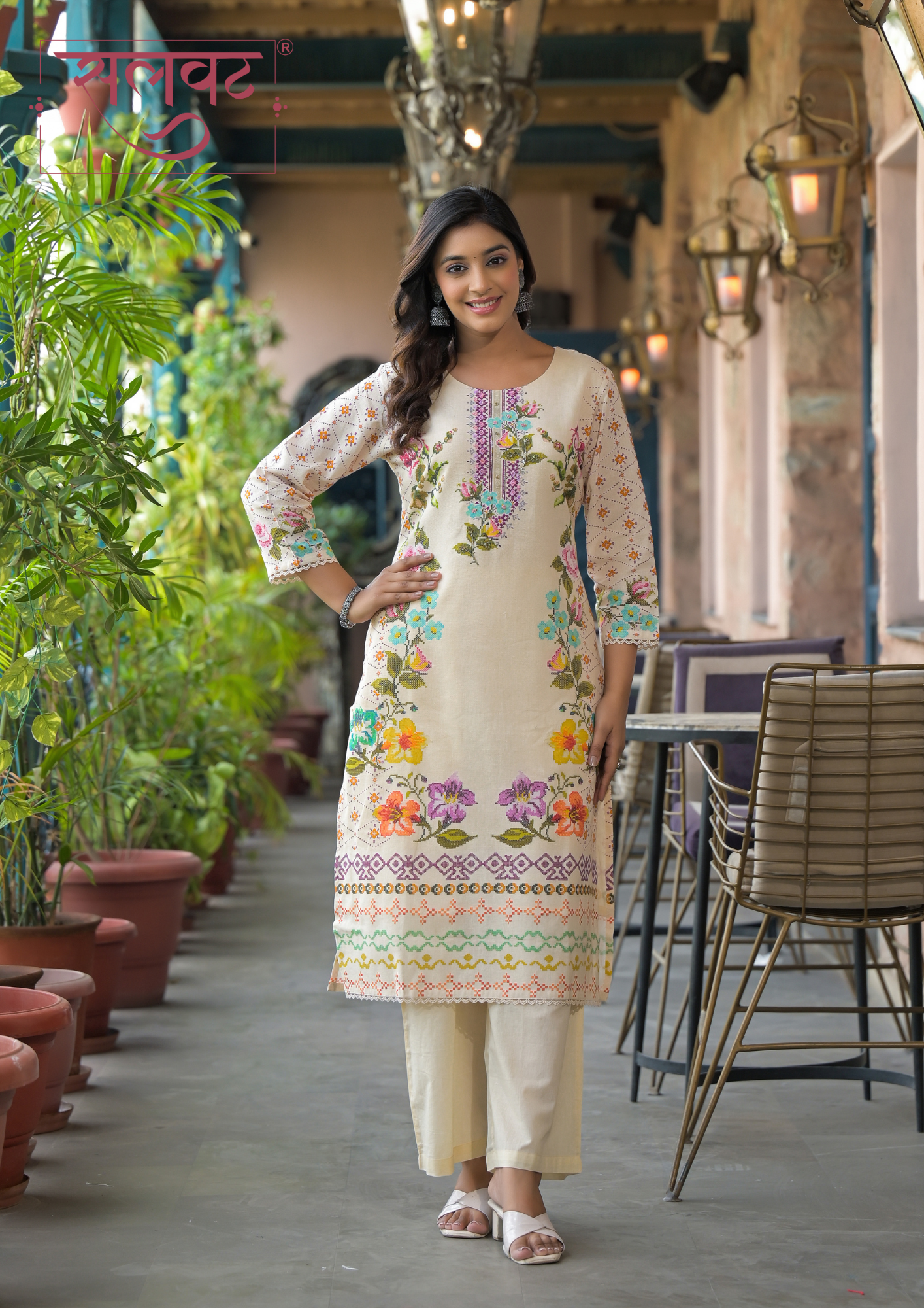 Light Beige Printed Handwork Kurta Set With Printed Dupatta