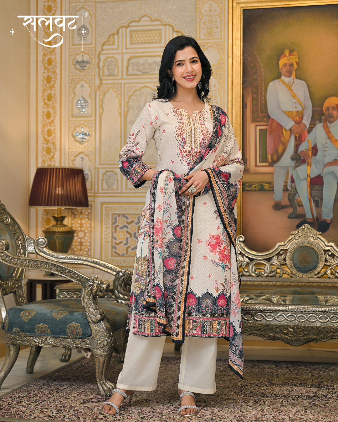 Light Caramel Printed Handwork Kurta Set with Printed Dupatta