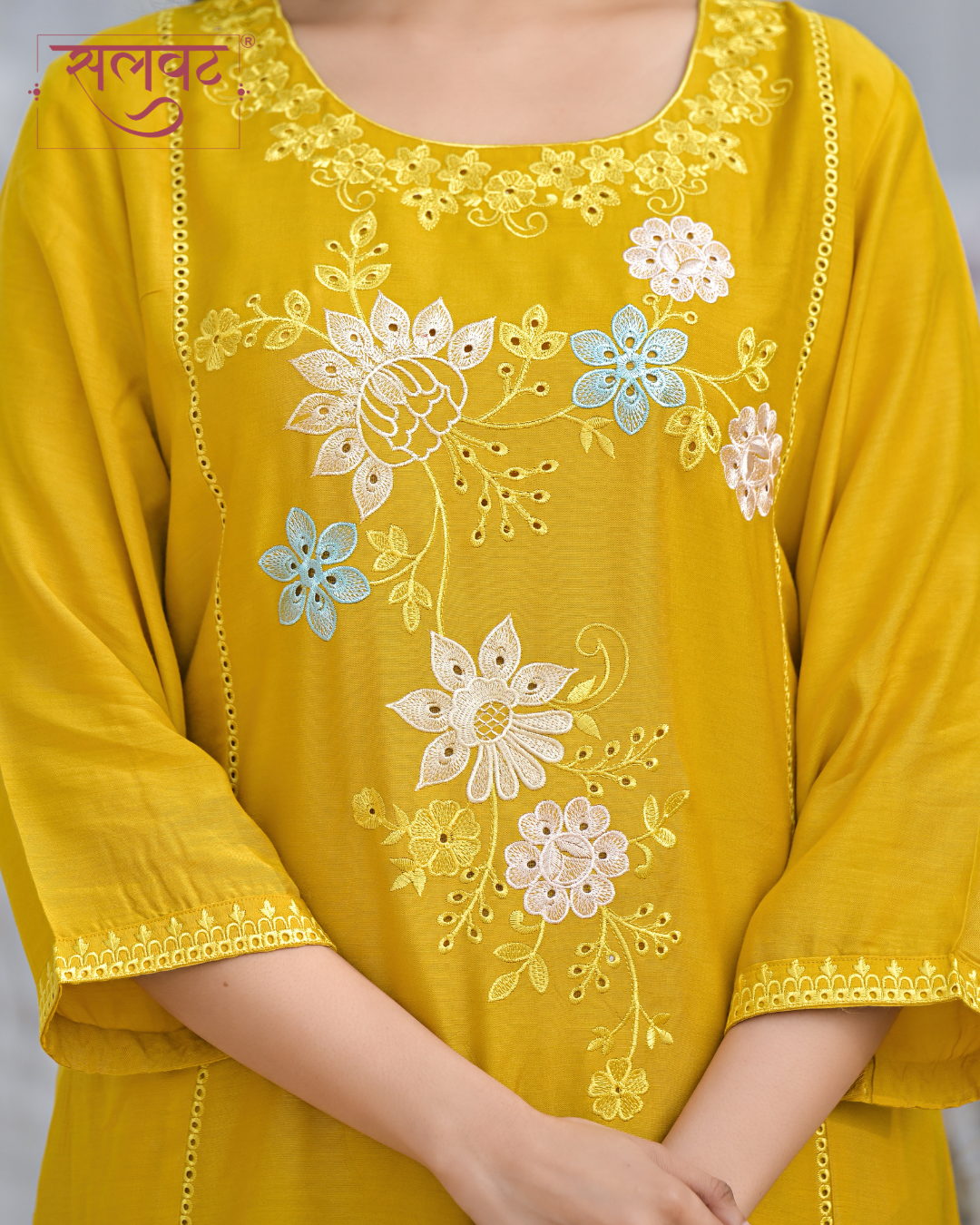 Amber Mustard Embroidered Kurta Set With Printed Dupatta