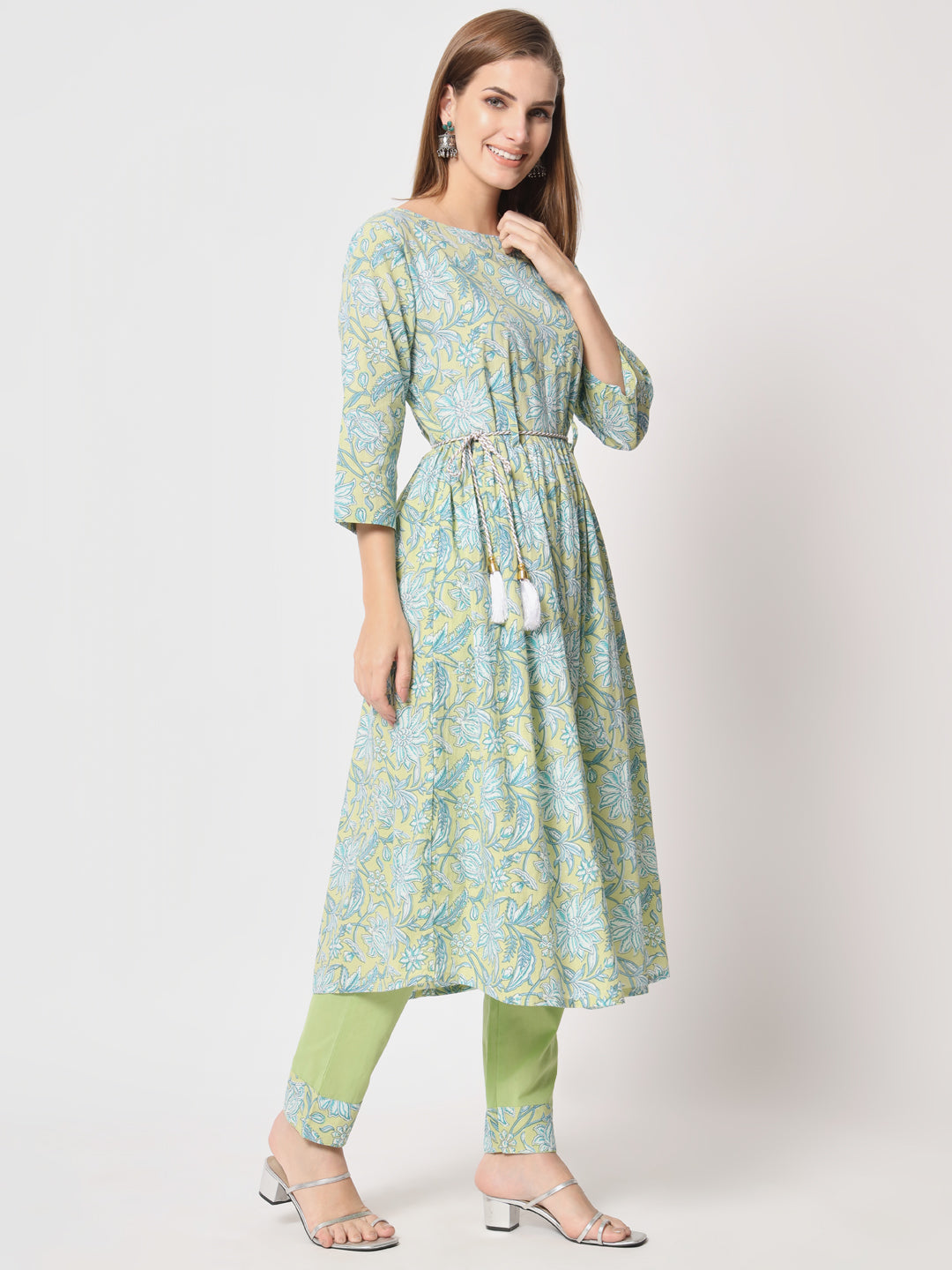 Easy, breezy and beautifully tailored- Green and blue printed kurta set with rope belt for everyday wear.