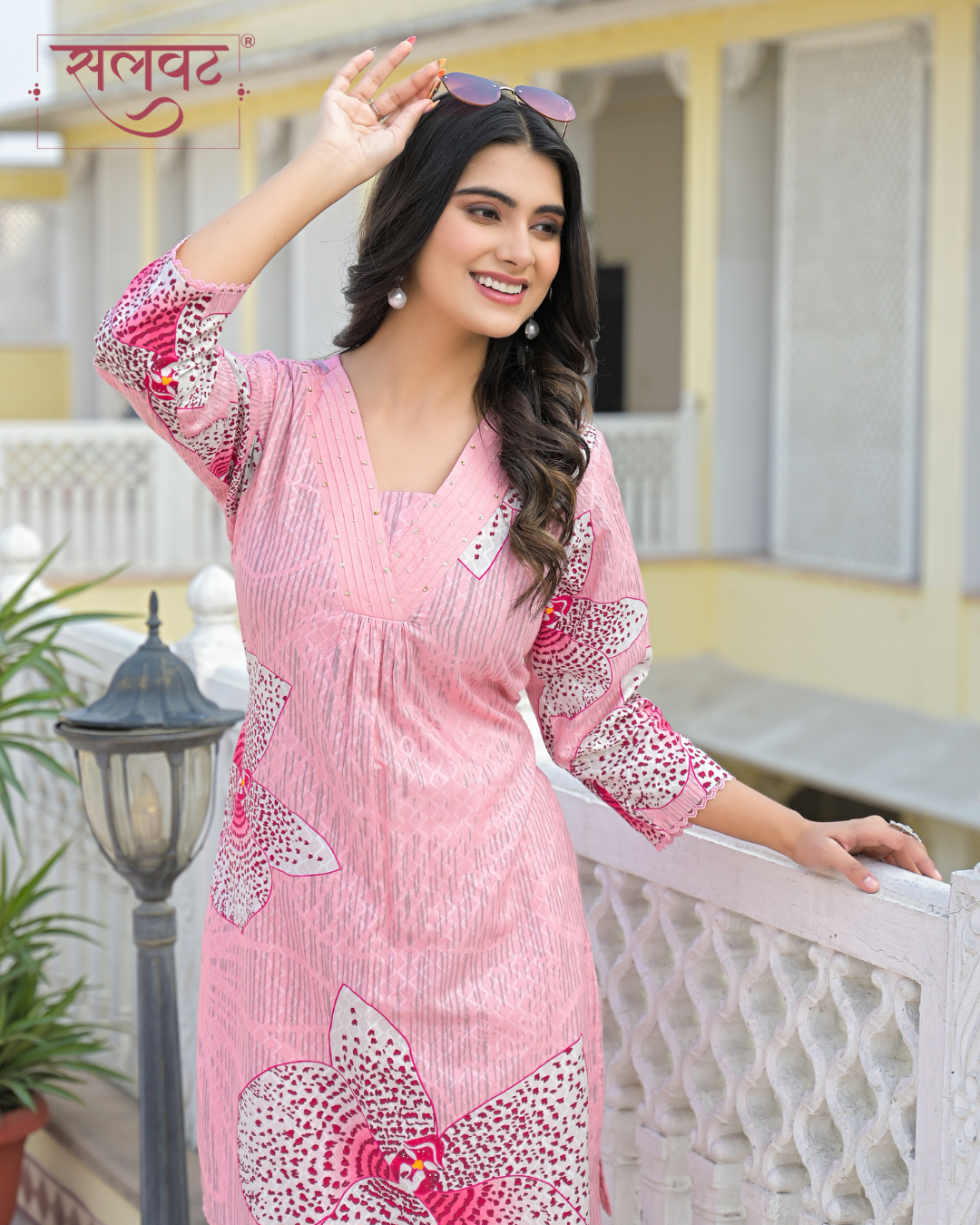 Pale Pink & White Pure Cotton Abstract Printed Handwork Kurta Set