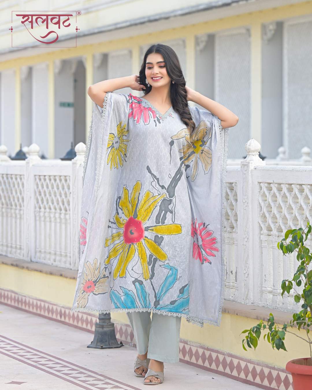 Slate Grey Abstract Printed Handwork Kaftan Set