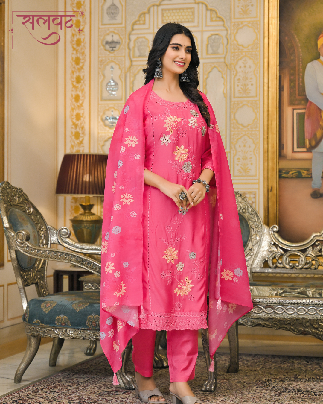 Carnation Blush Embroidered Kurta set with Printed Dupatta