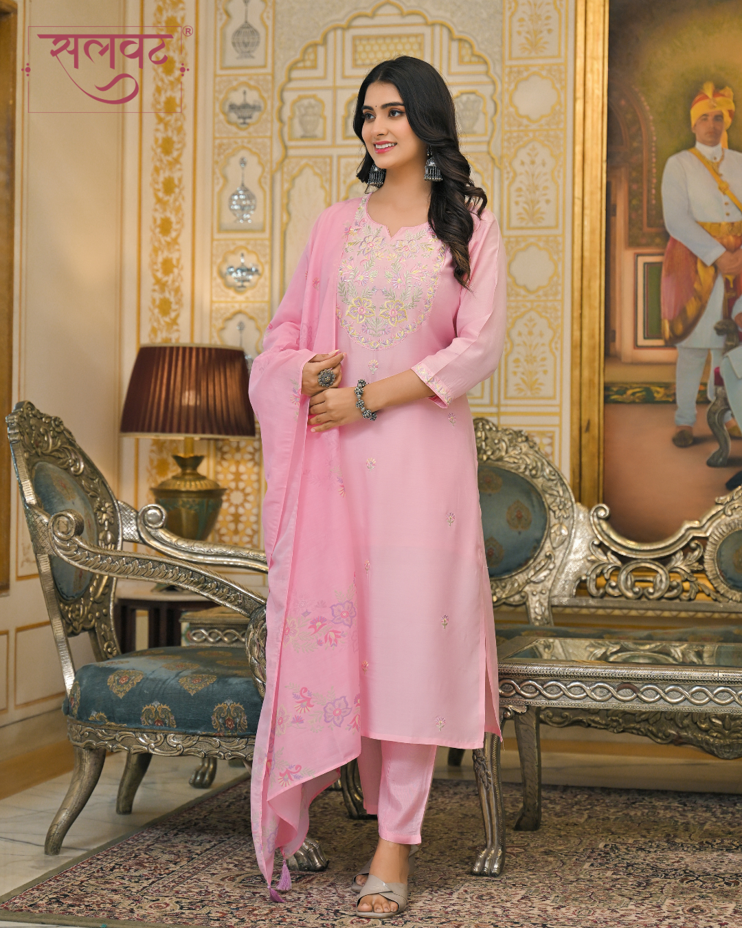 Rose Quartz Embroidered Kurta Set With Printed Dupatta