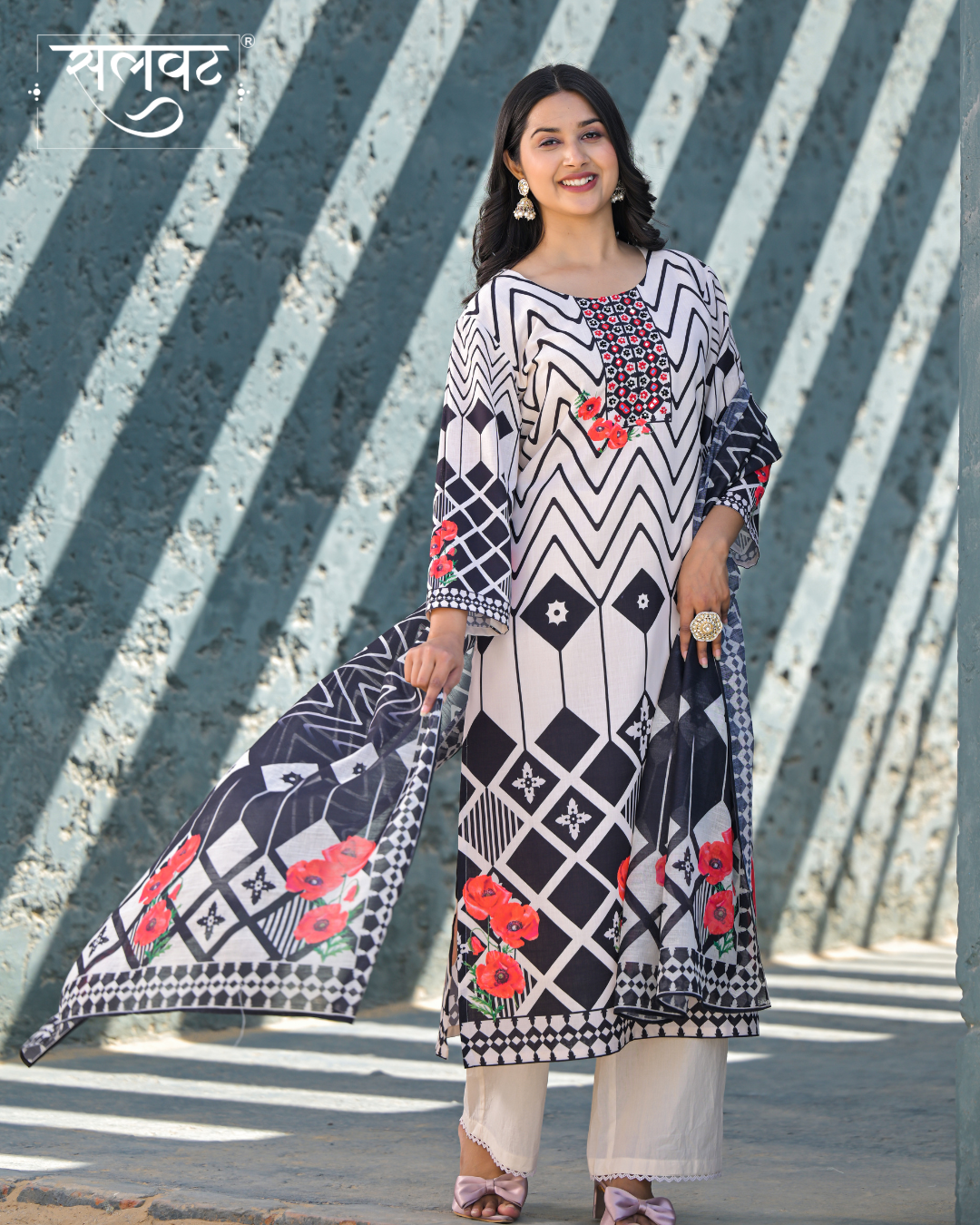 Light Cream & Black Heavy Handwork Kurta Set With Printed Dupatta