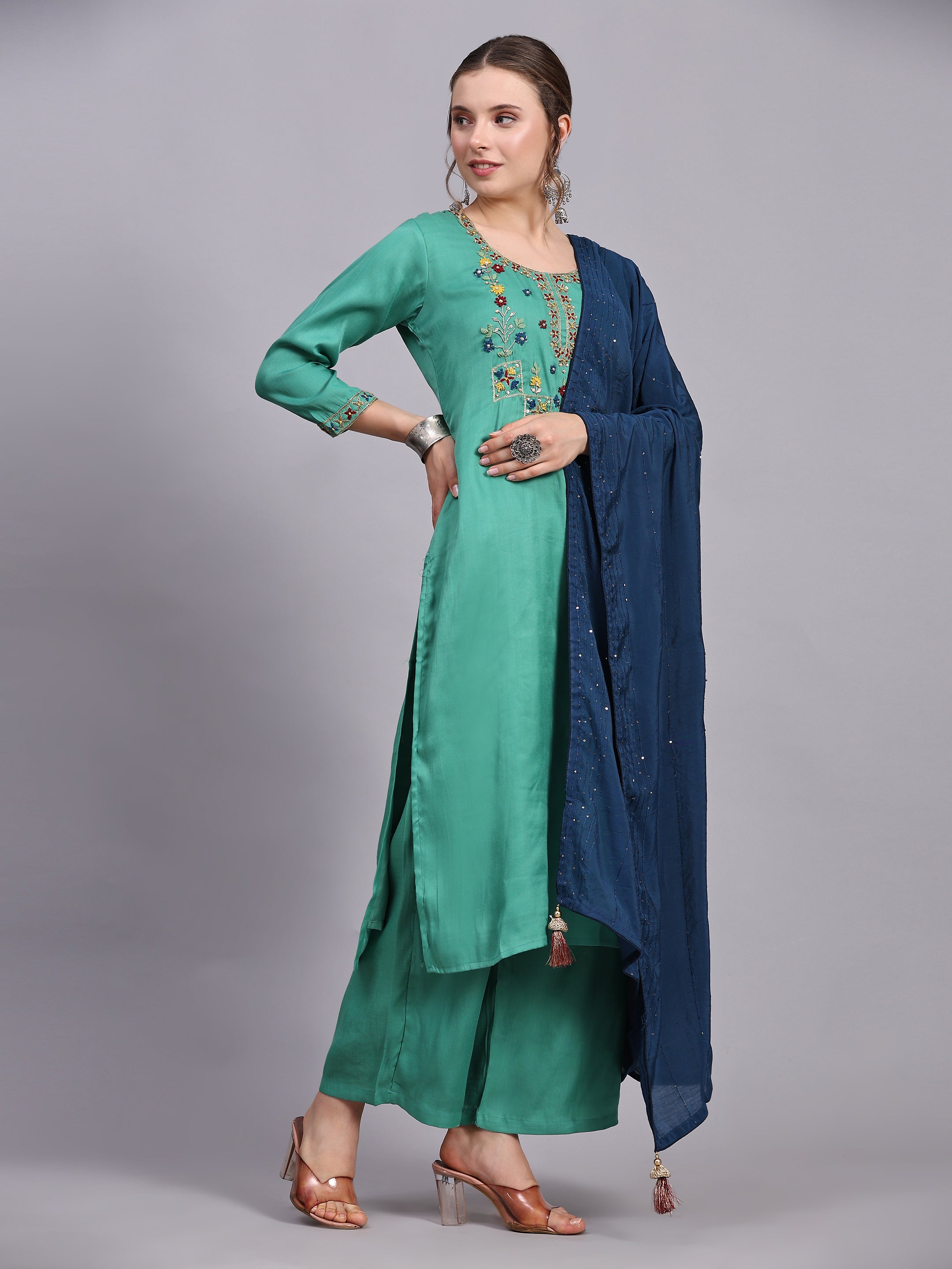 Green Viscose Silk Blend Kurta Set with Dupatta