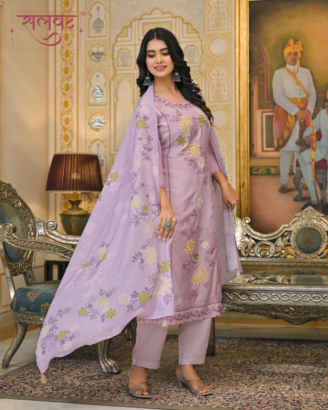 Periwinkle Lilac Embroidered Kurta Set With Printed Dupatta