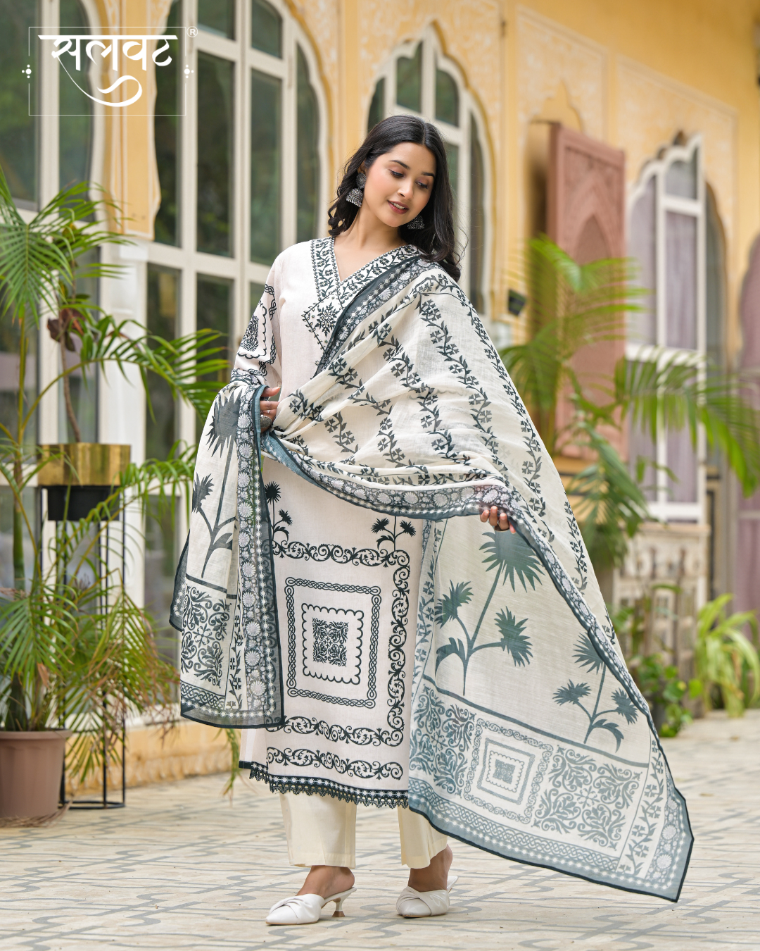 Cream & Green Heavy Handwork Kurta Set With Printed Dupatta