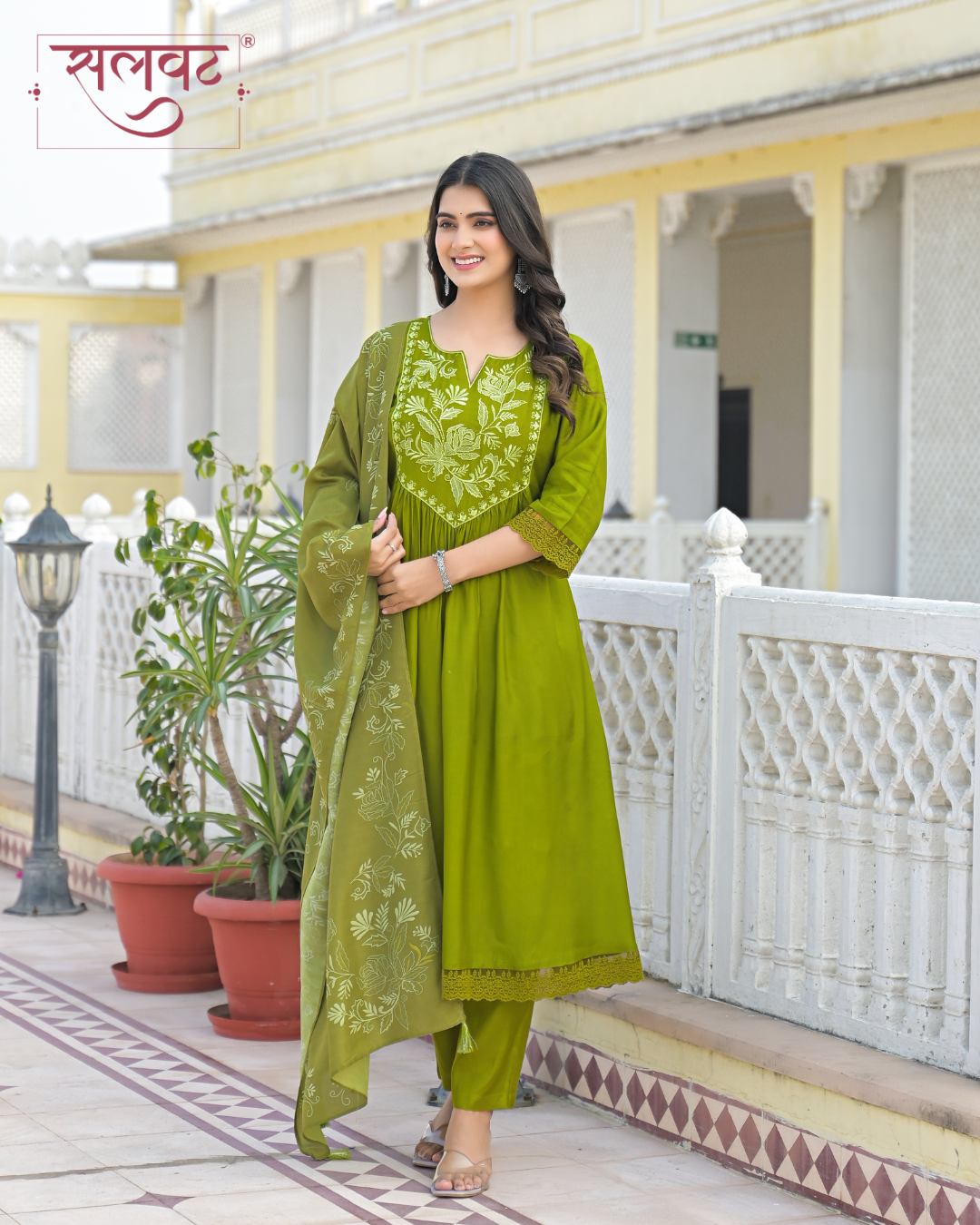 Henna Green Muslin Thread & Zari Embroidered Kurta Set With Printed Dupatta