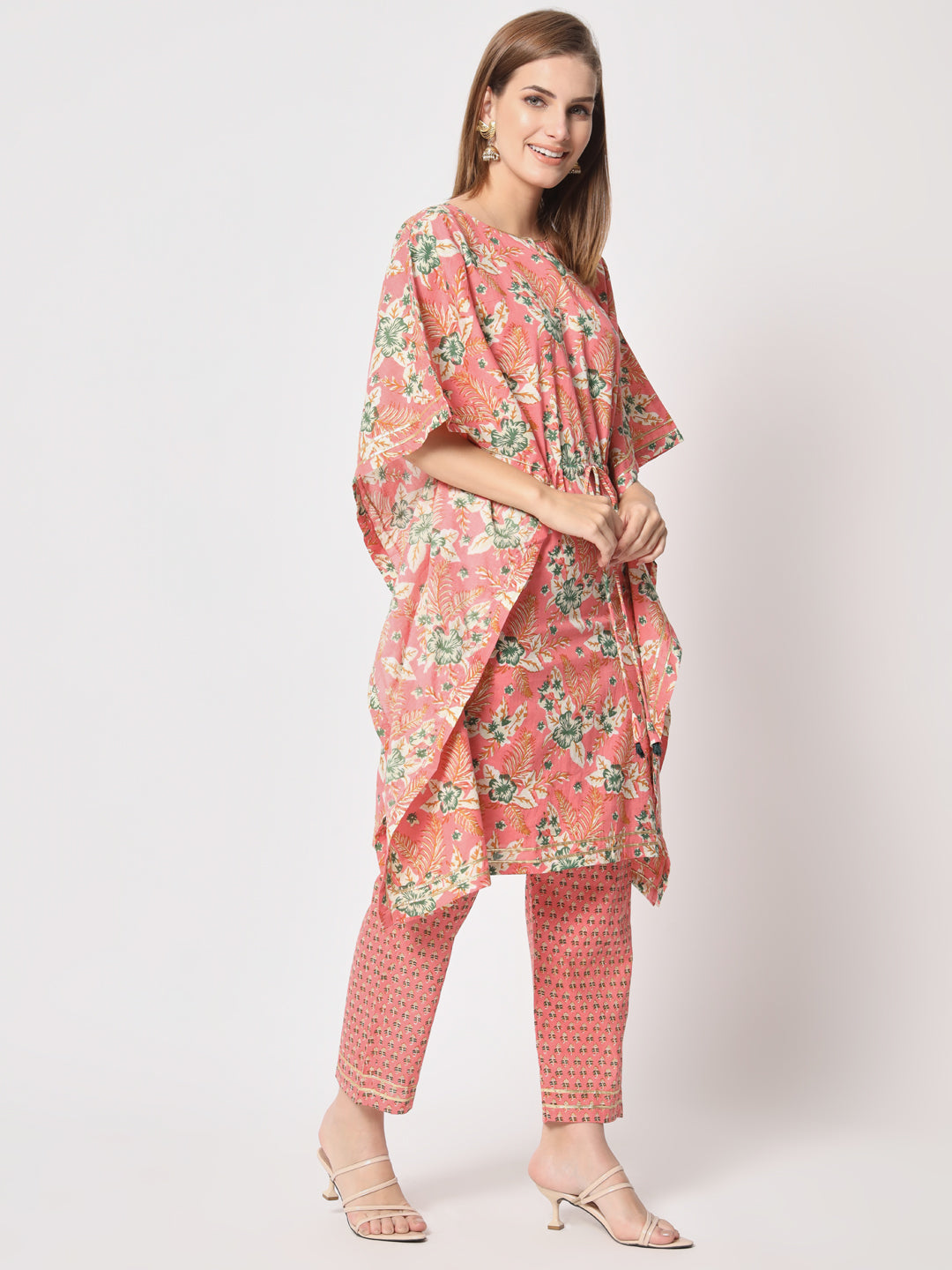 Peach printed pure cotton kaftan set.