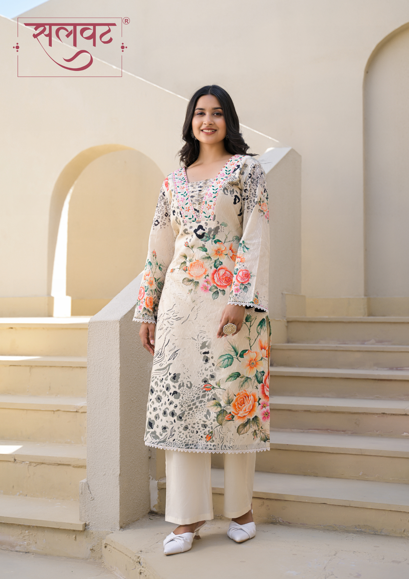 Cream Floral Printed Handwork Kurta Set With Printed Dupatta