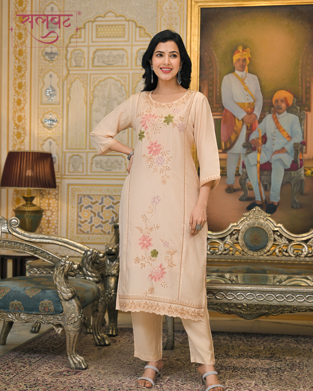 Light Caramel Embroidered Kurta Set With Printed Dupatta
