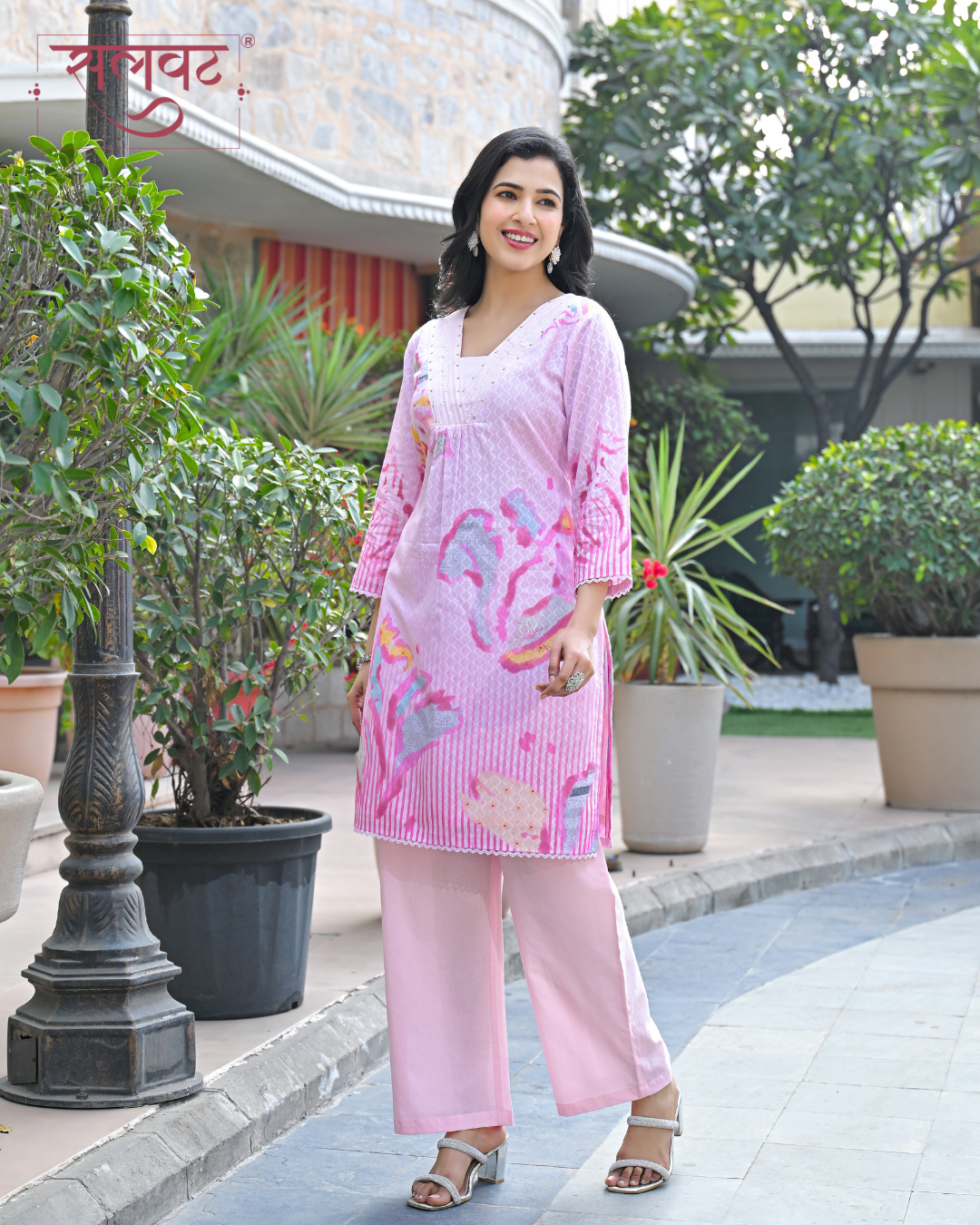Powder Pink Abstract Printed Handwork Kurta Set