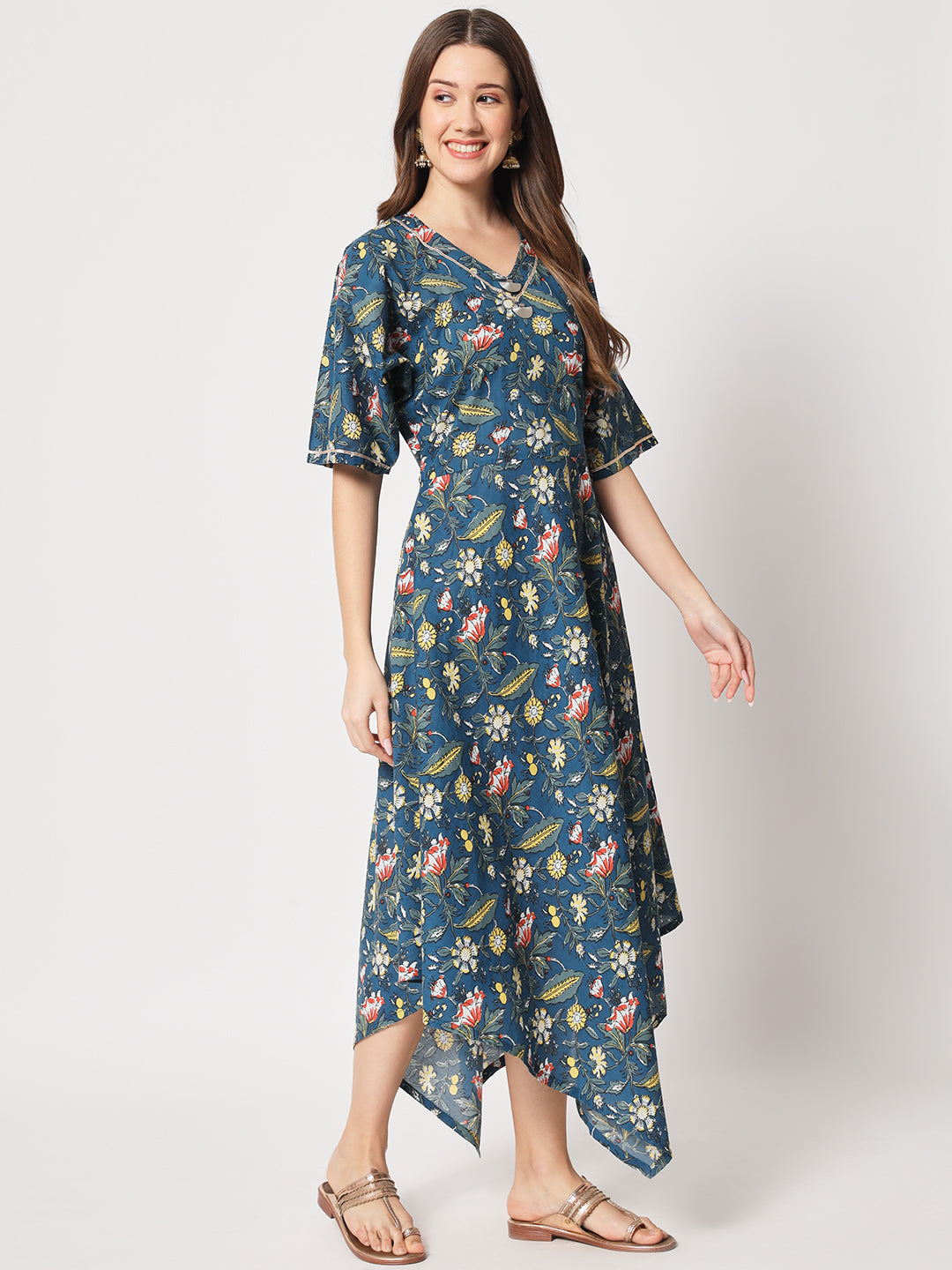 Blue Cotton Printed Midi Dress