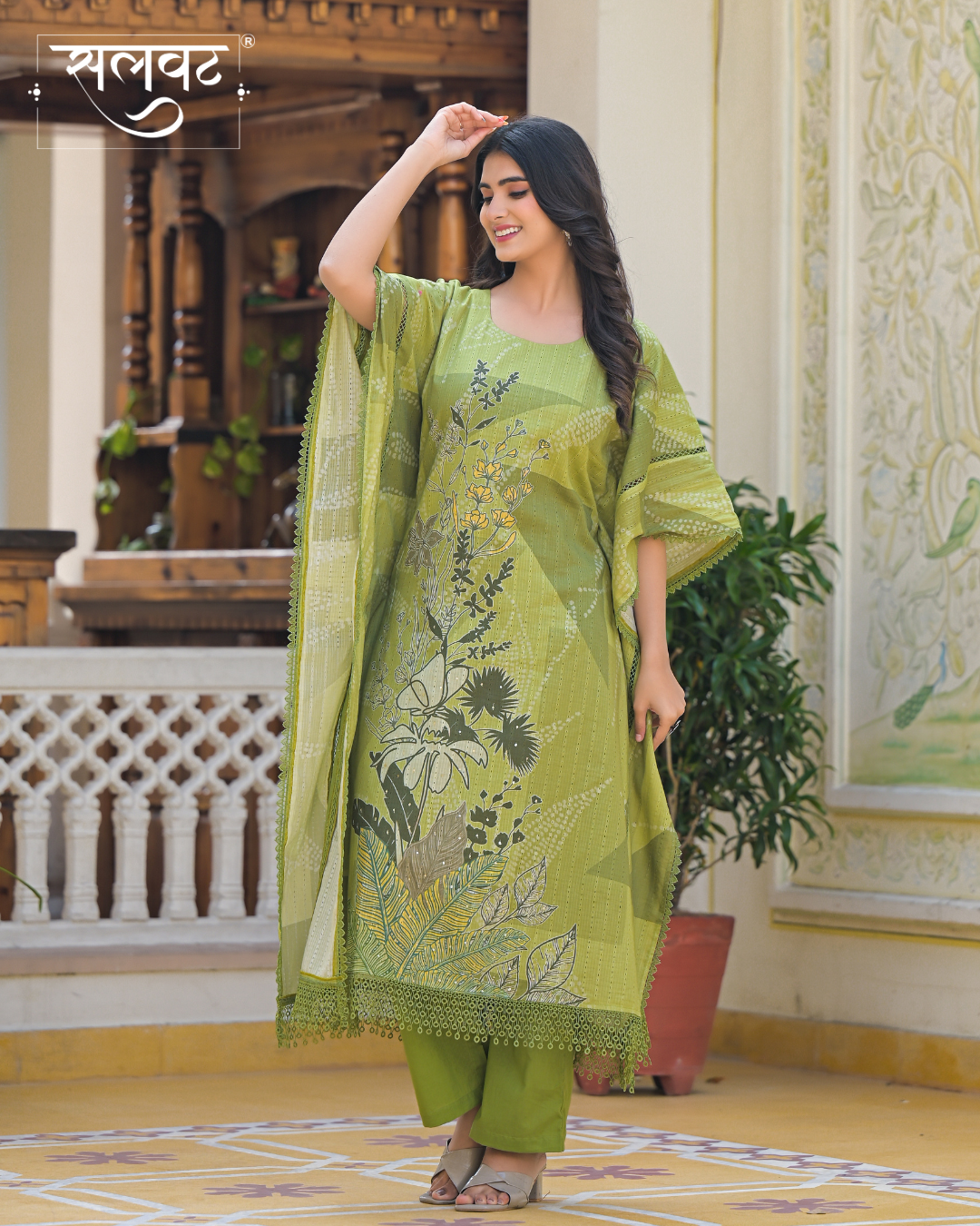 Green Printed Sequins Embellished Kaftan Set