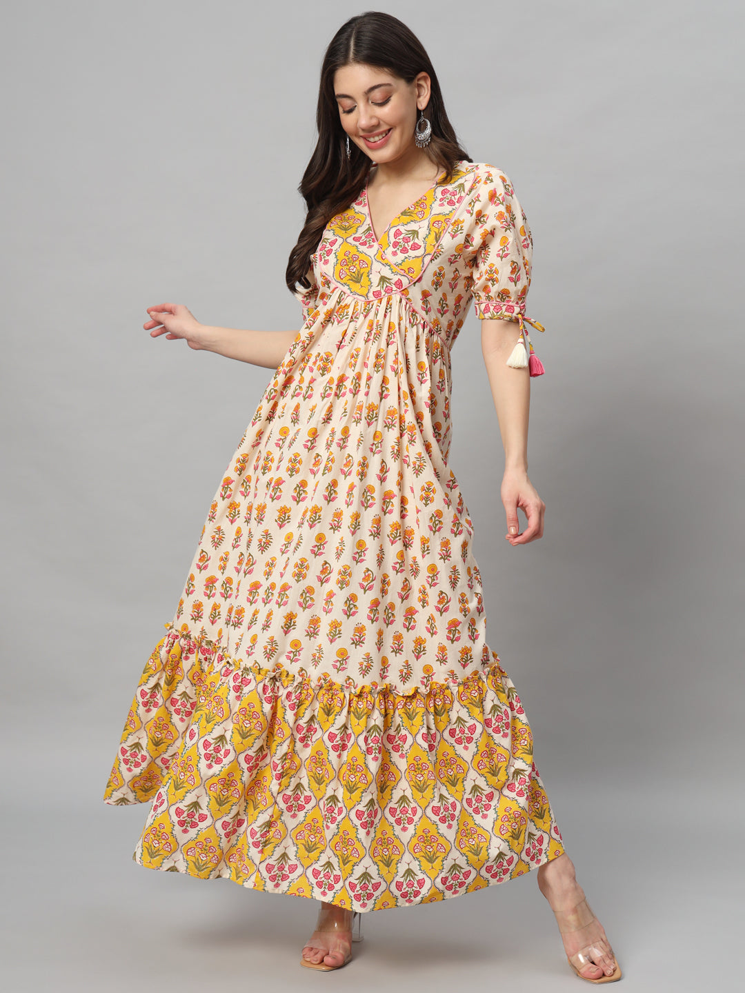 Yellow and Cream Printed Maxi Dress with Tassel Sleeves