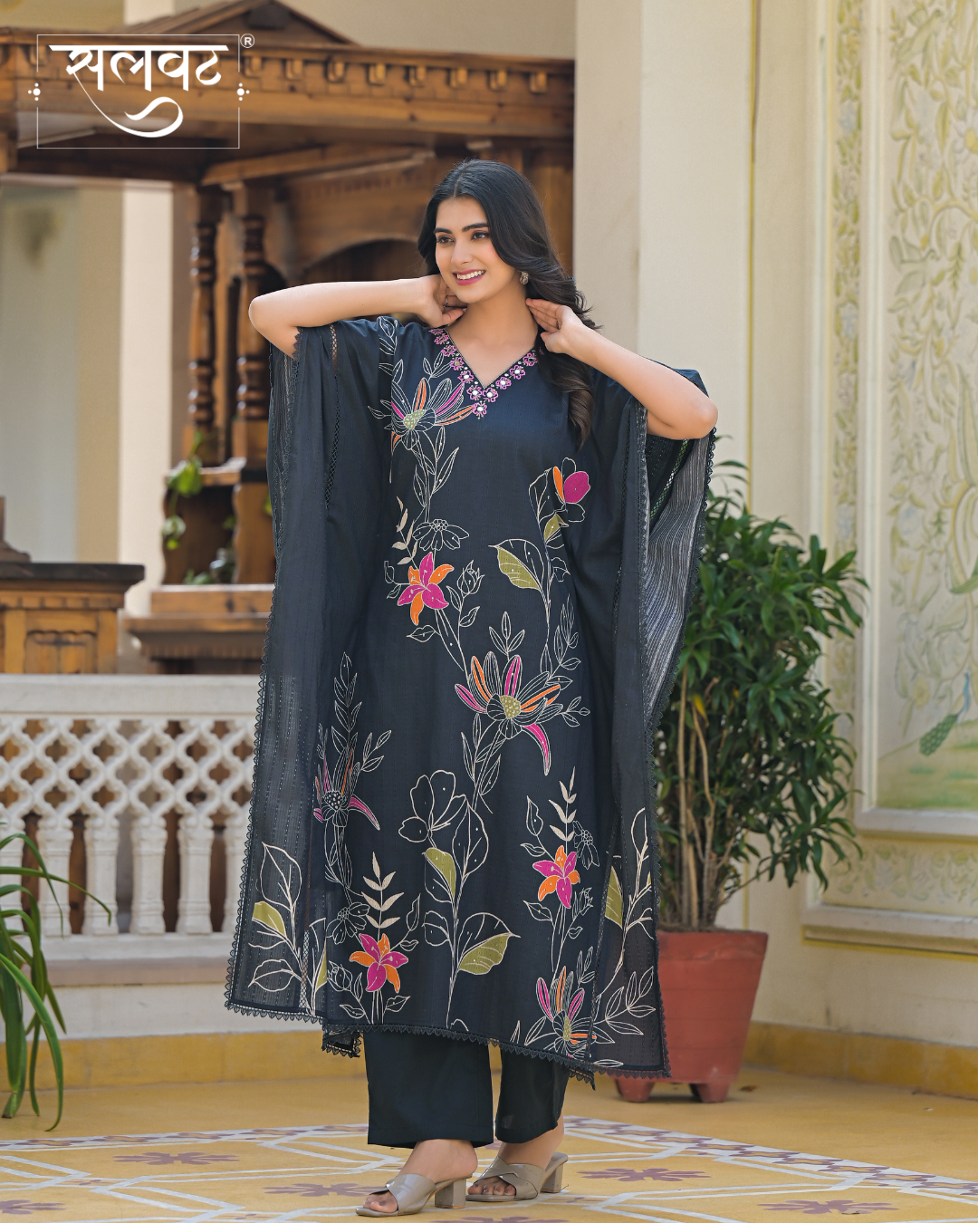 Charcoal Black Abstract Printed Handwork Kaftan Set
