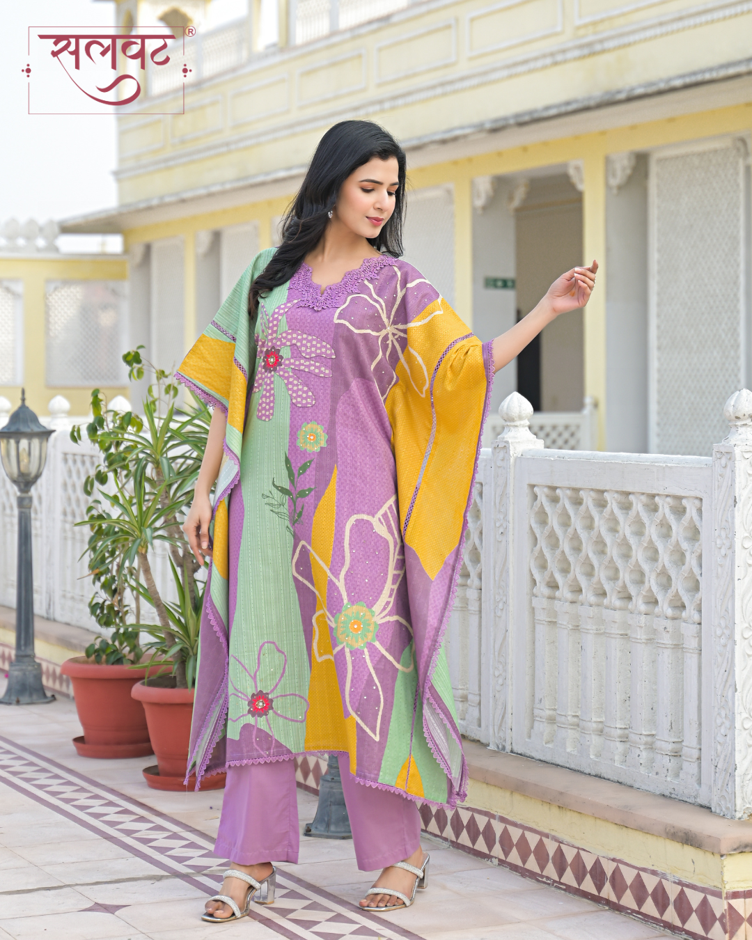 Lilac Abstract Printed Sequins Embellished Kaftan Set
