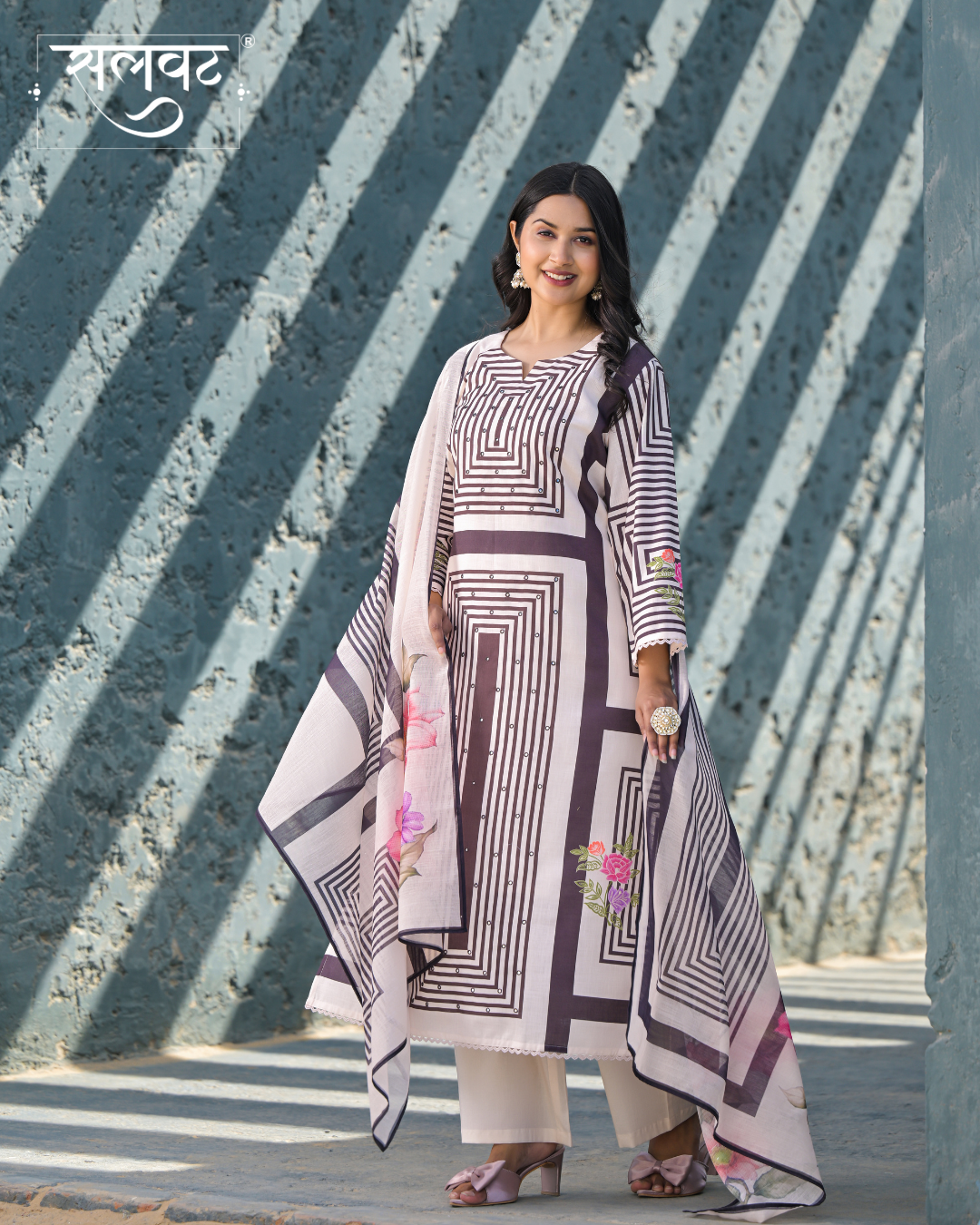 Light Cream & Black Heavy Handwork Kurta Set With Printed Dupatta