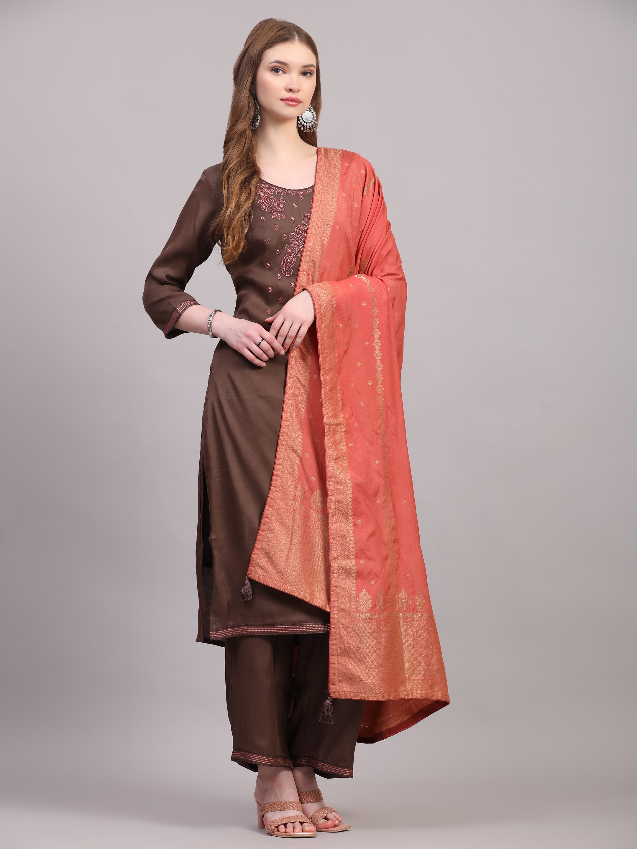 Brown Zari Embroidered Suit Set with Dola Silk Dupatta