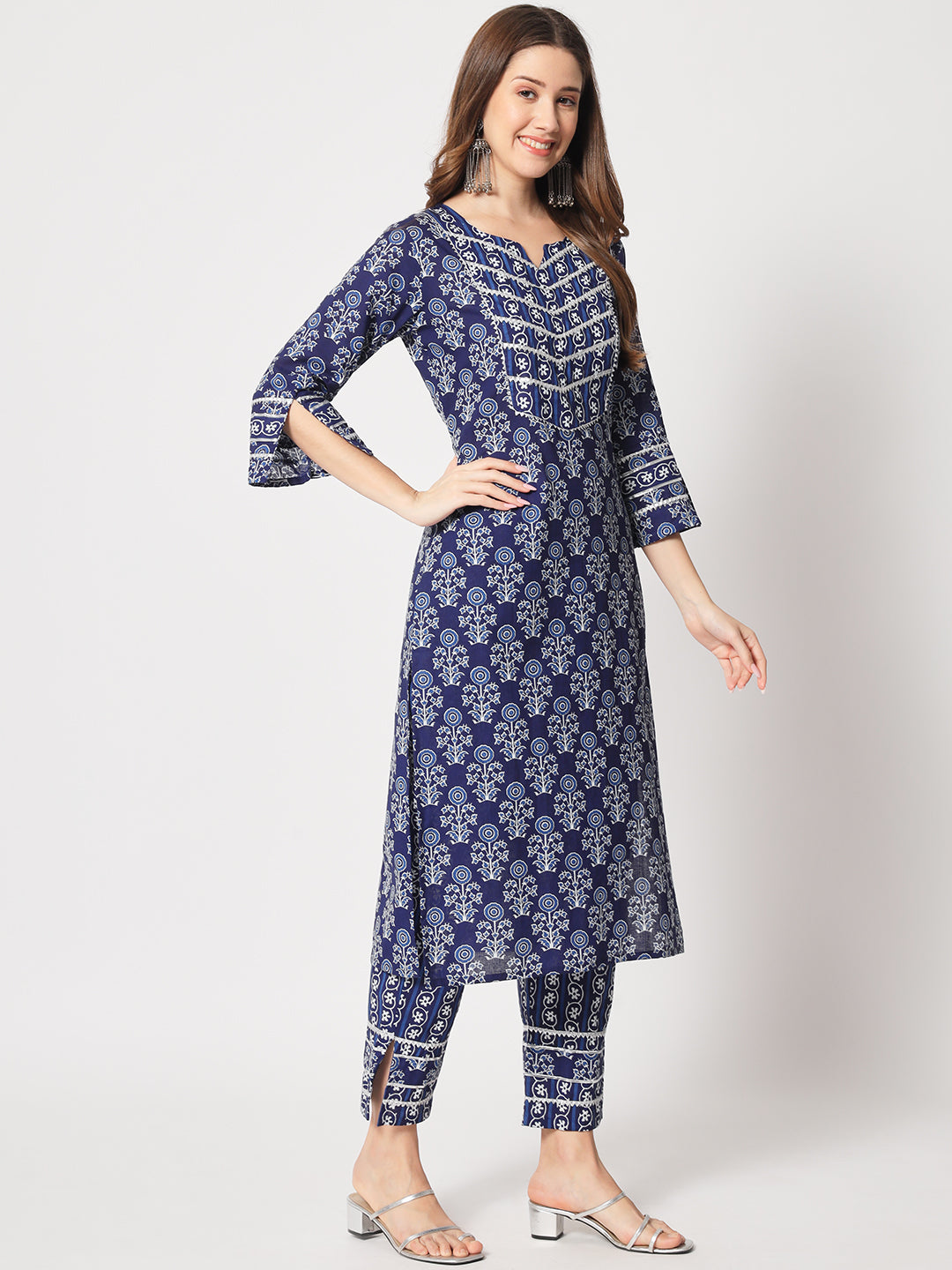 Navy blue printed cotton kurta set with dupatta.