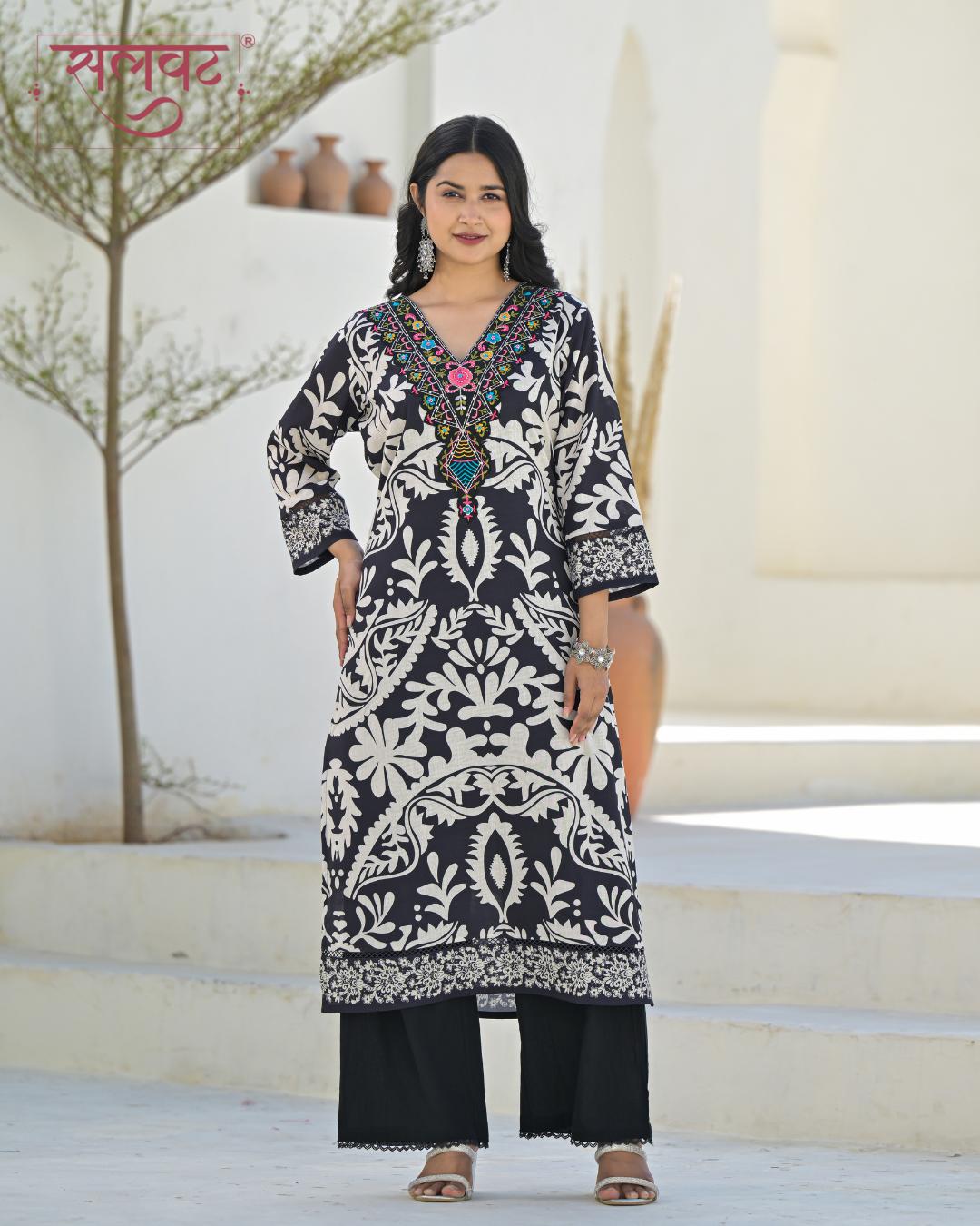 Black & White With Multicolour Embroidered Handwork Kurta Set With Printed Dupatta