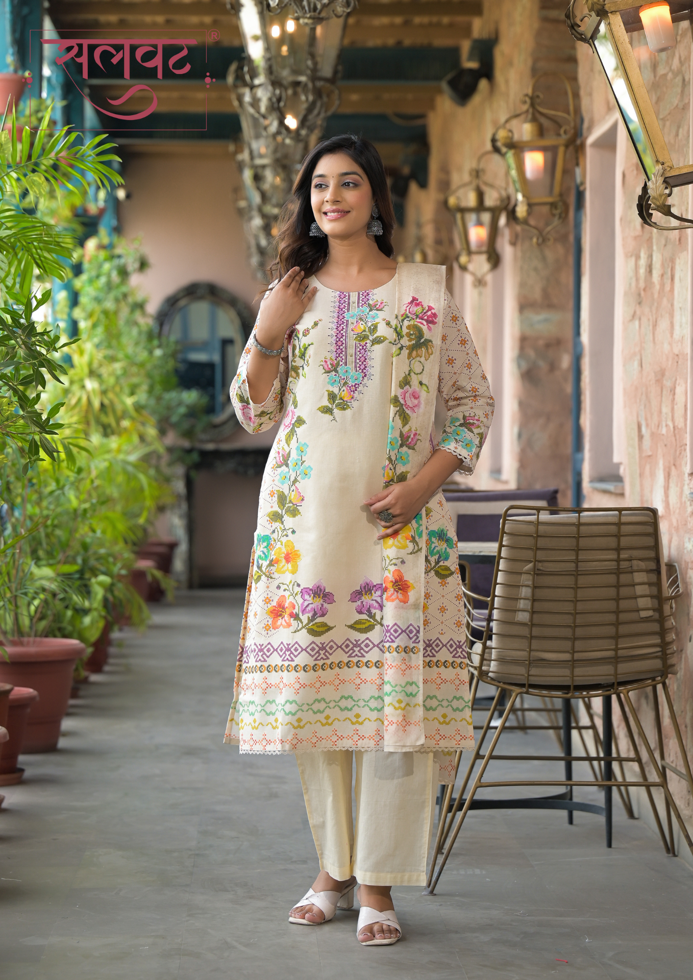Light Beige Printed Handwork Kurta Set With Printed Dupatta