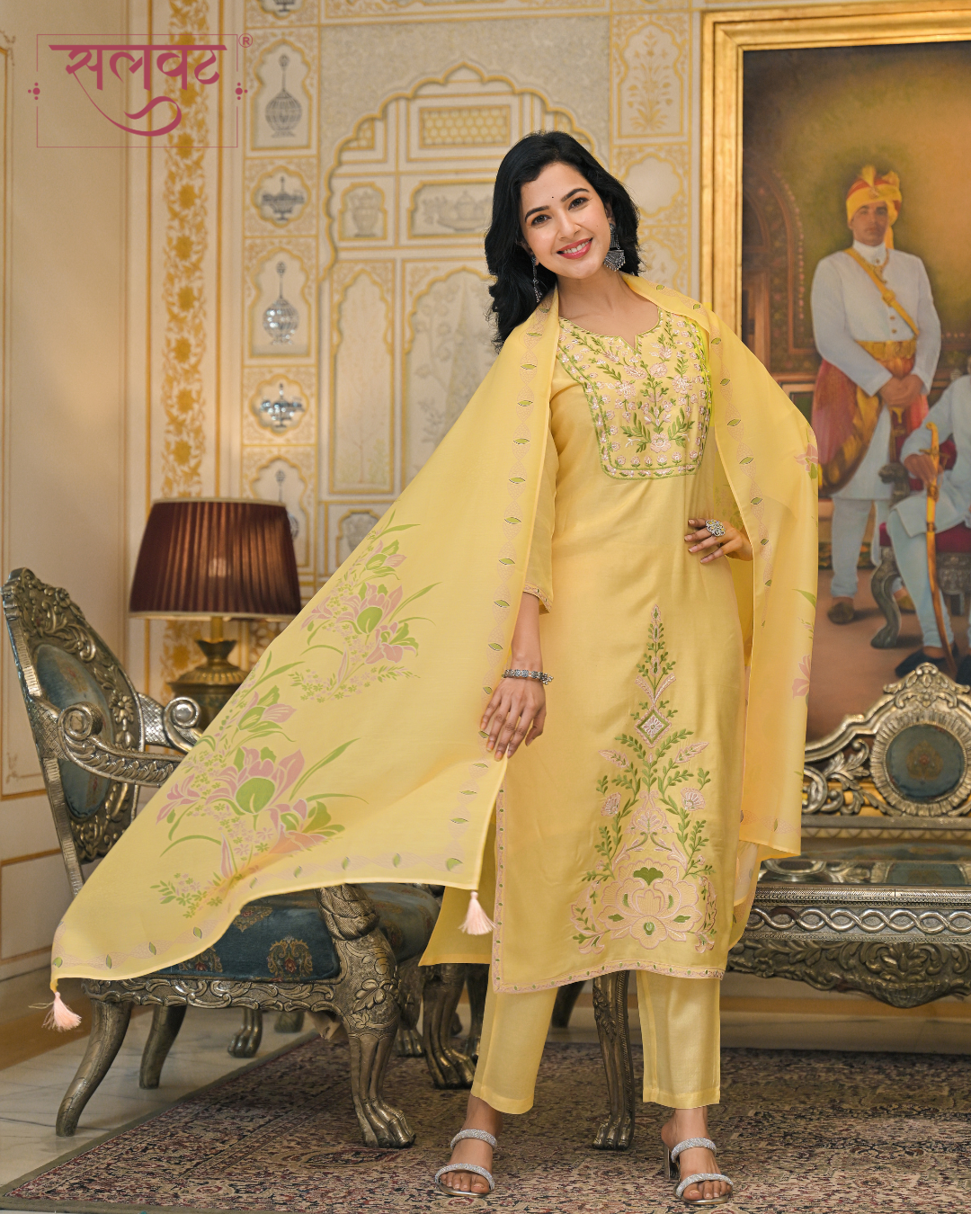 Bright Citrus Yellow Muslin Thread Embroidered Kurta Set With Printed Dupatta