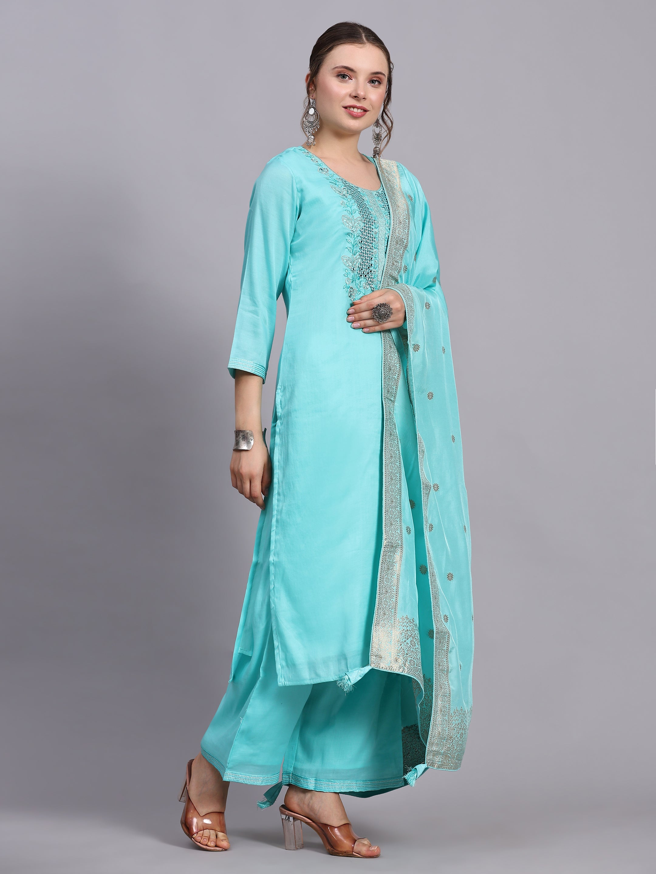 Turquoise Mirror Work Suit Set.
