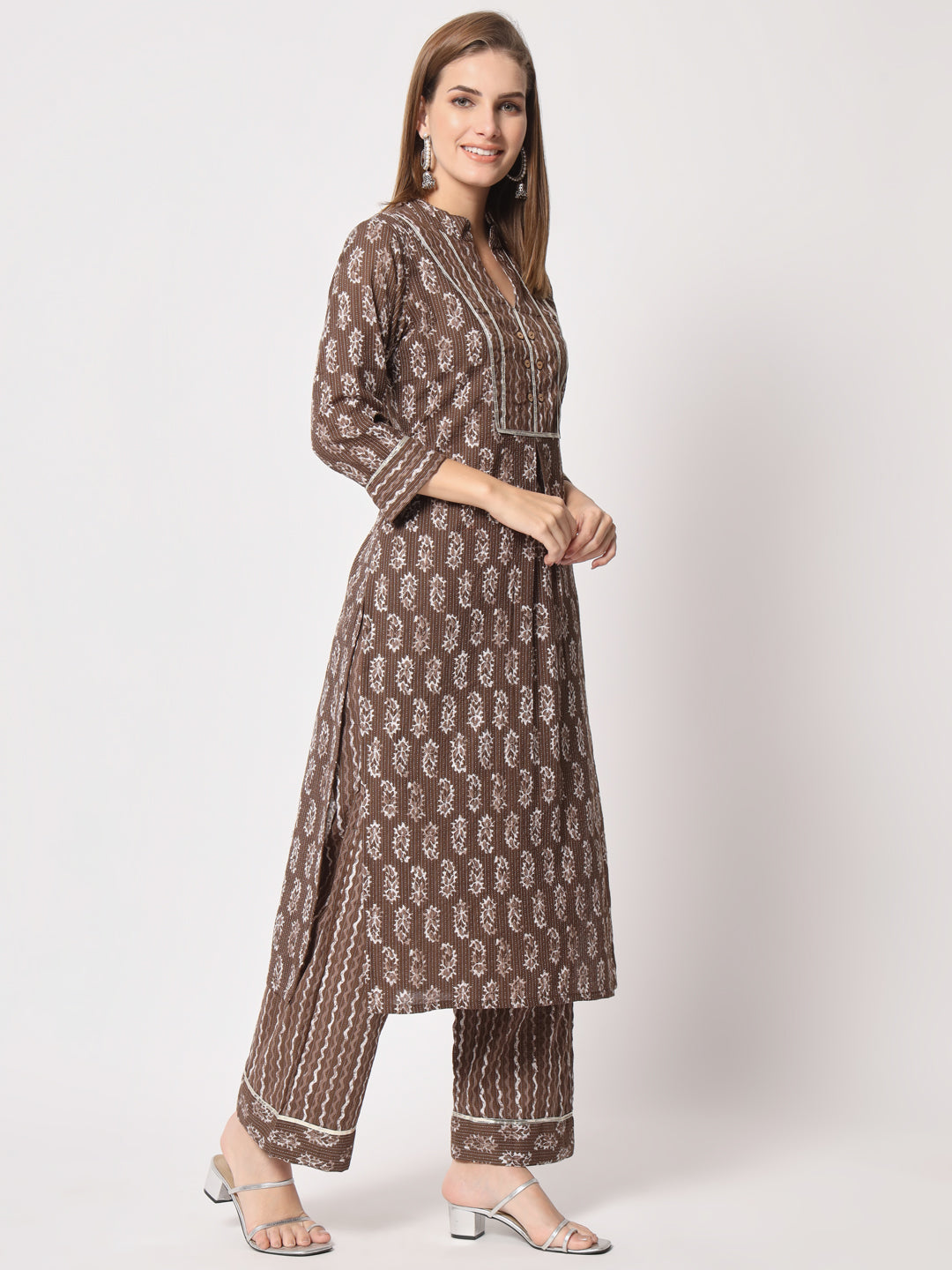 Brown Printed Cotton Kurta Set
