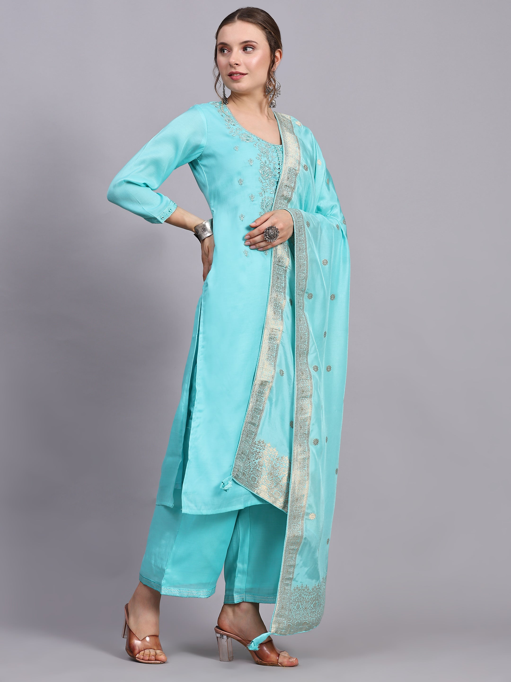 Turquoise zari work suit set