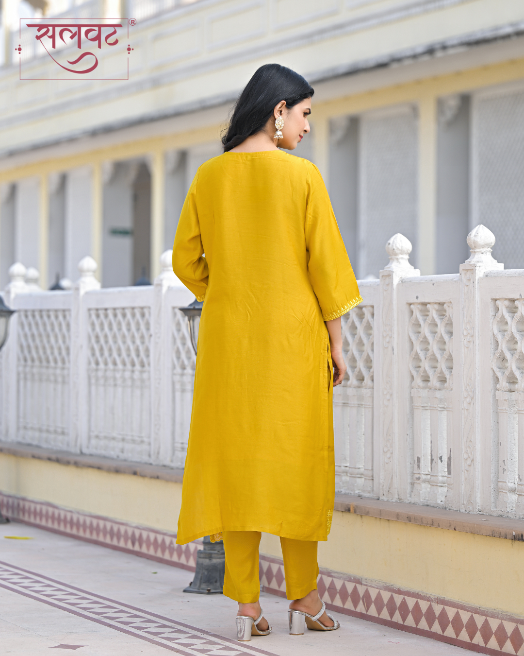 Amber Mustard Embroidered Kurta Set With Printed Dupatta