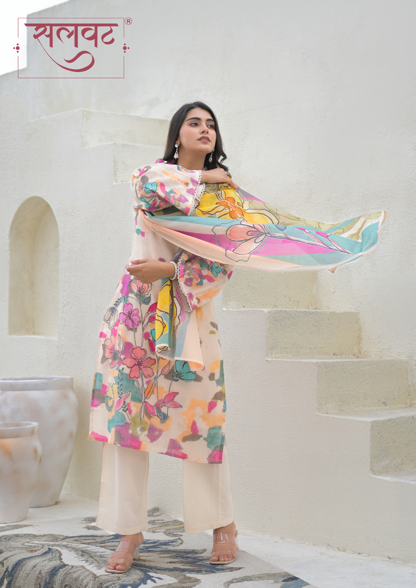 Camel Beige Colorful Floral Printed Kurta Set With Dupatta