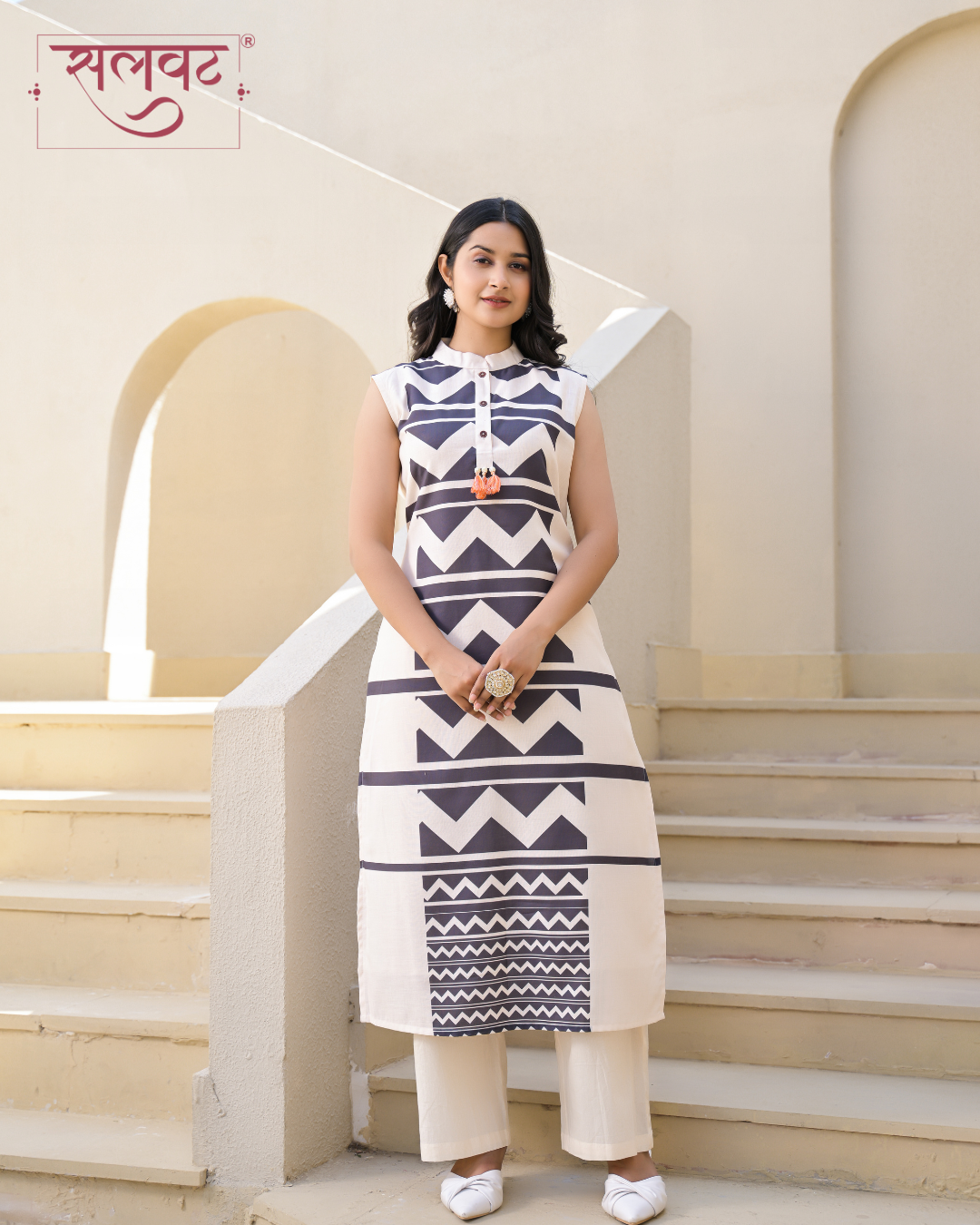 Light Cream & Black Printed Kurta Set With Hand Knot Work & Printed Dupatta