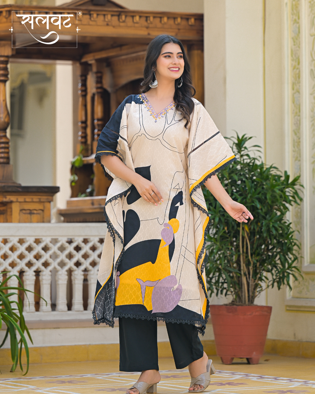 Light Beige Abstract Printed Handwork Kaftan Set