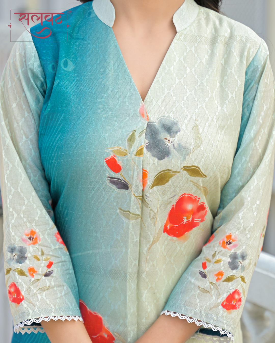 Cream & Turquoise Abstract Printed Kurta Set