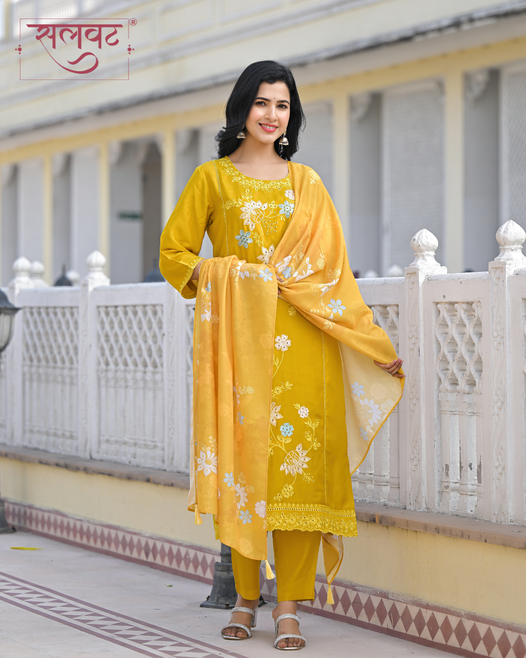 Amber Mustard Embroidered Kurta Set With Printed Dupatta
